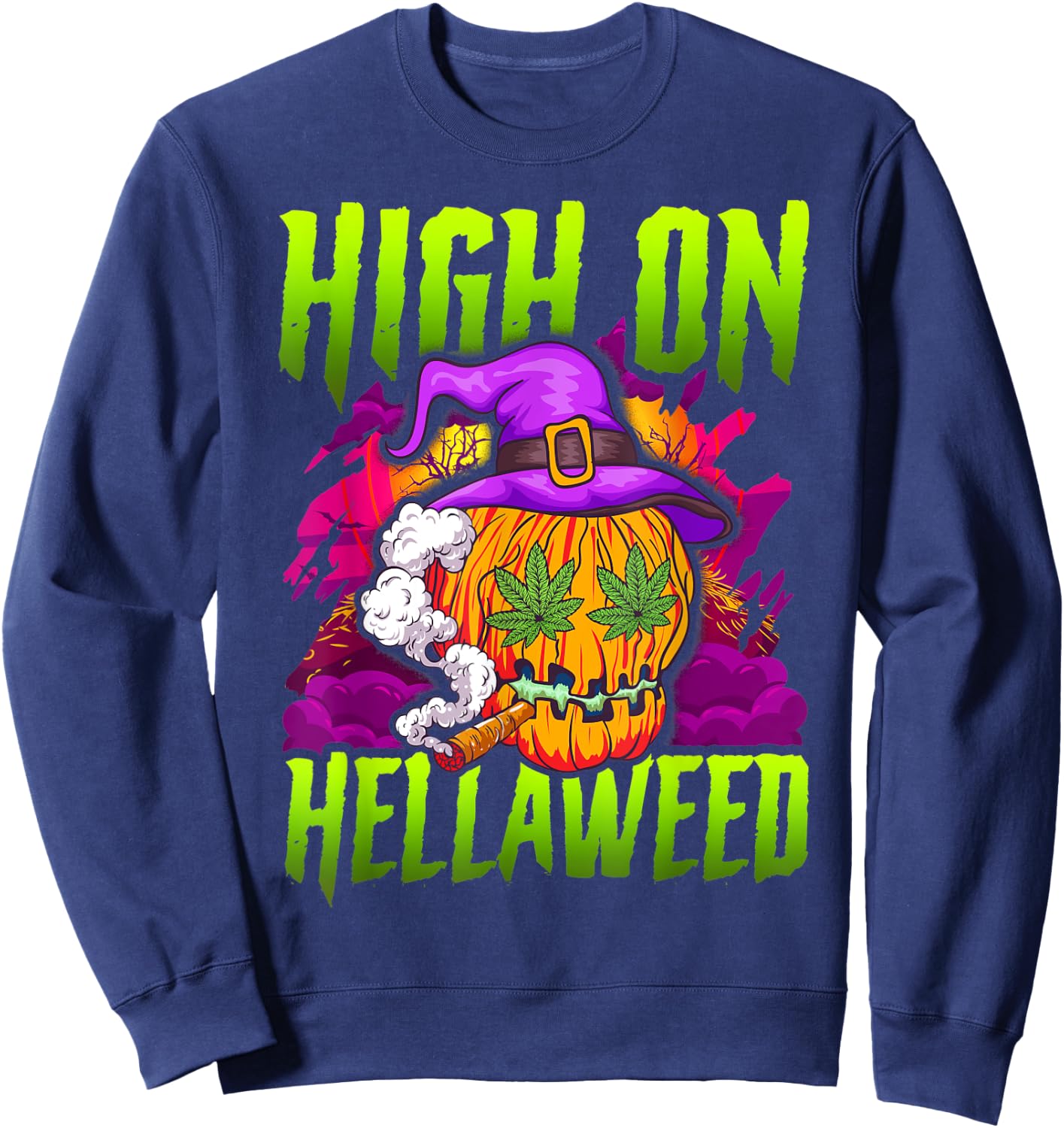 Halloween Pumpkin Stoner Weed Joint Smoking Sweatshirt - Sweatshirt | Navy