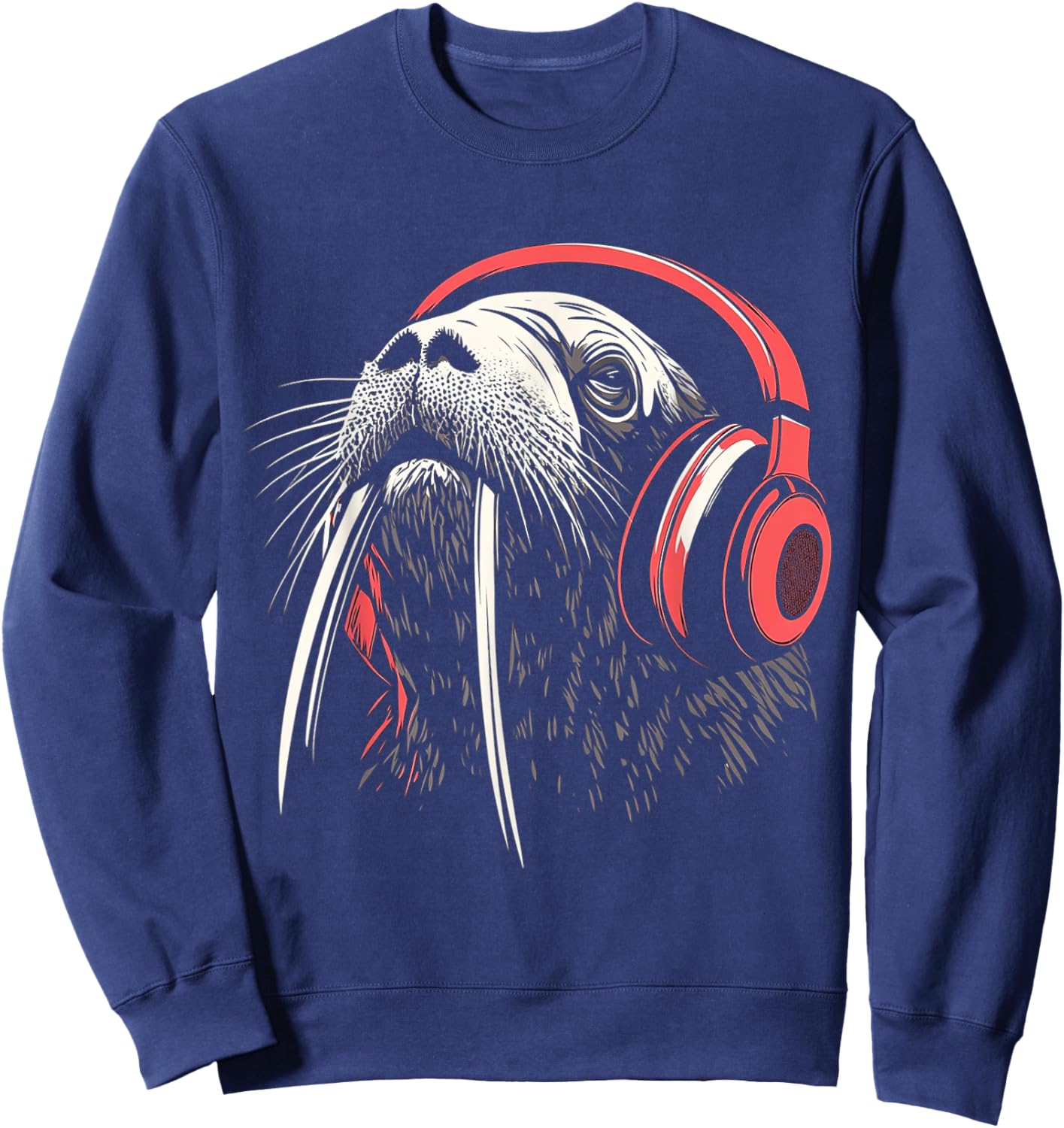 Walrus Animal Motif Music Headphone Illustration Walrus Sweatshirt - Sweatshirt | Navy