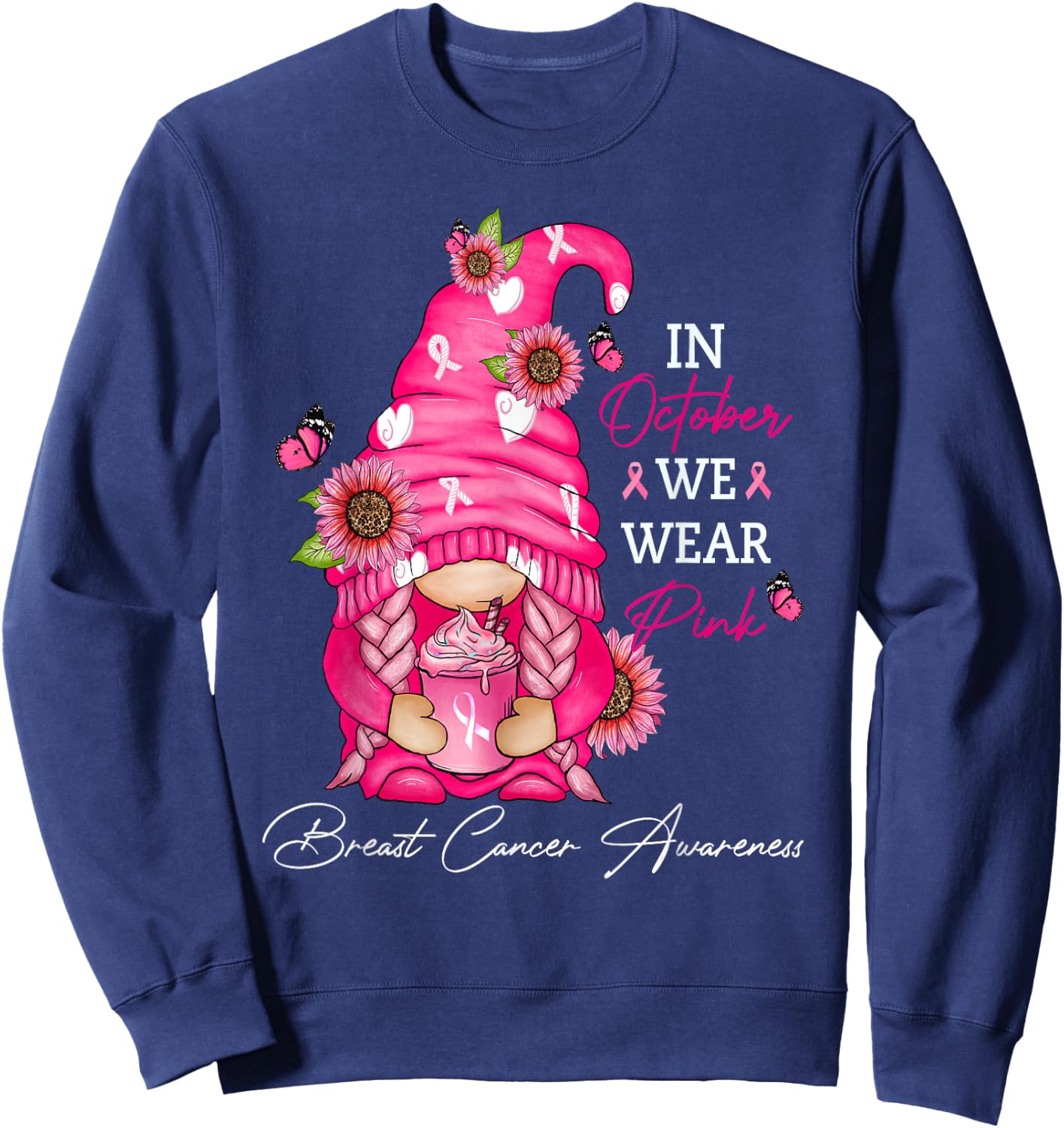 In October We Wear Pink Ribbon Breast Cancer Funny Gnome Sweatshirt - Sweatshirt | Navy