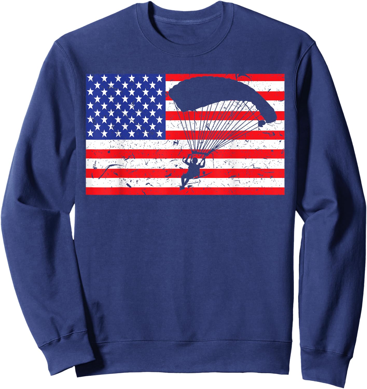 Distressed Parachuting USA American Flag Vintage Skydiving Sweatshirt - Sweatshirt | Navy