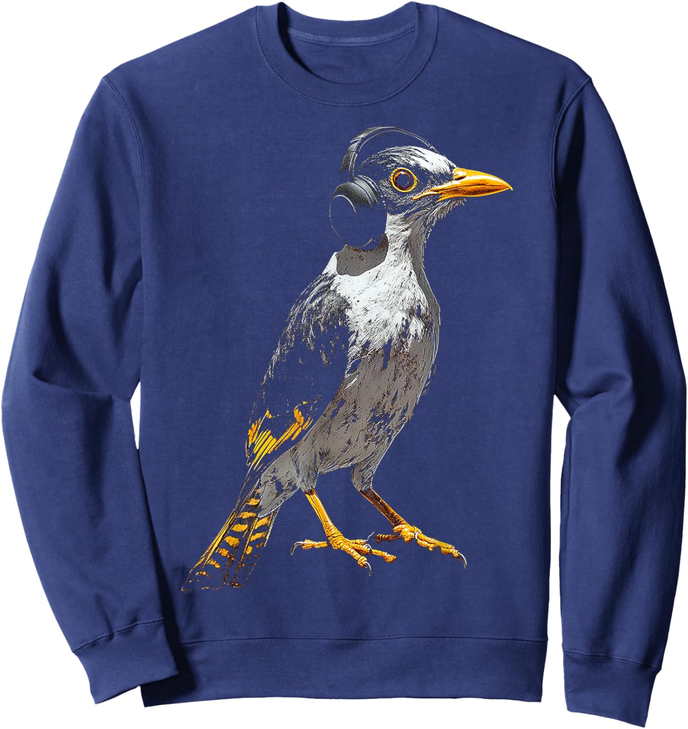 Myna Bird Motif Animal Illustration Music Headphone Myna Sweatshirt - Sweatshirt | Navy