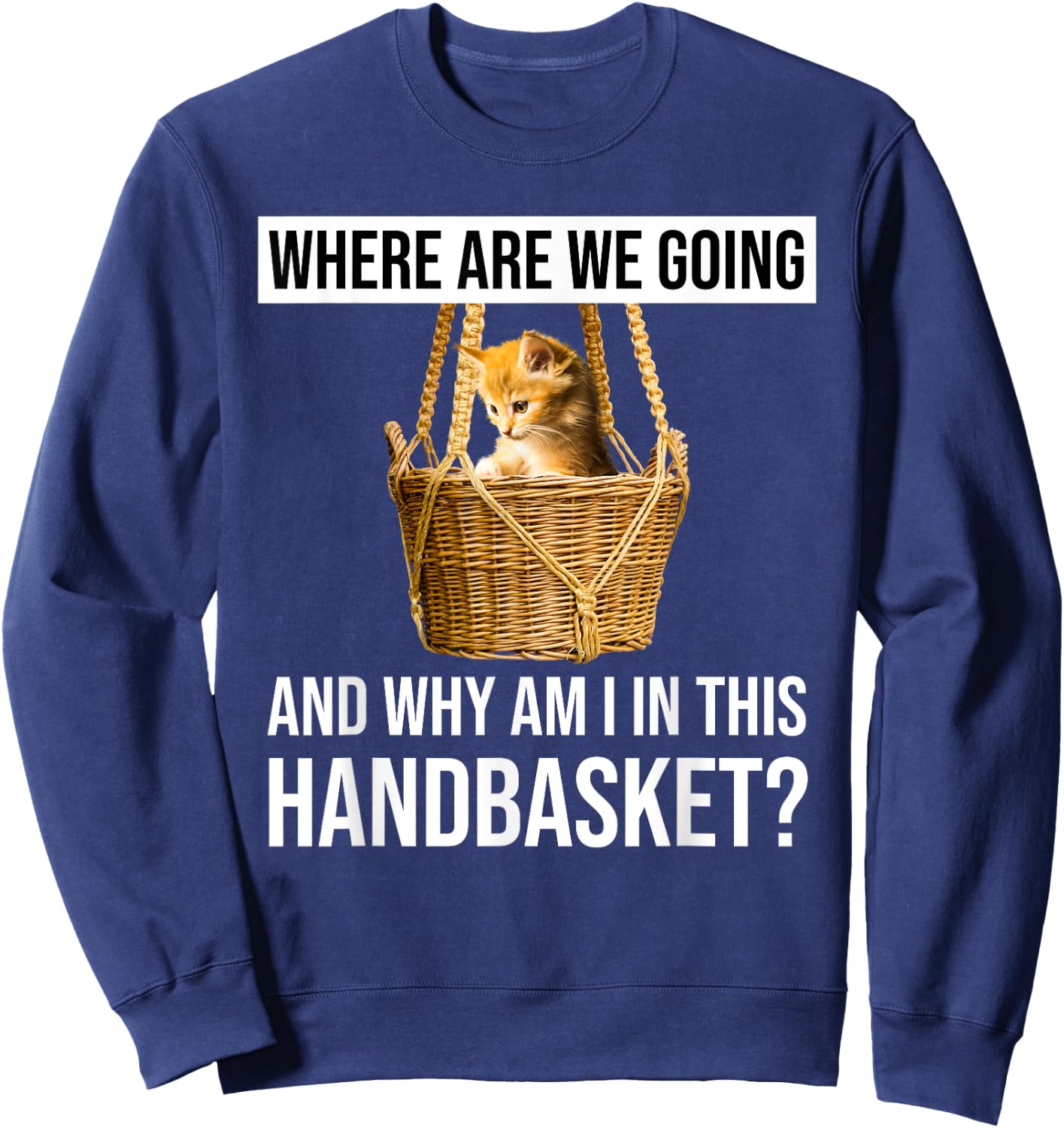 Where Are We Going & Why Am I In This Handbasket Funny Cat Men Women Sweatshirt - Sweatshirt | Navy