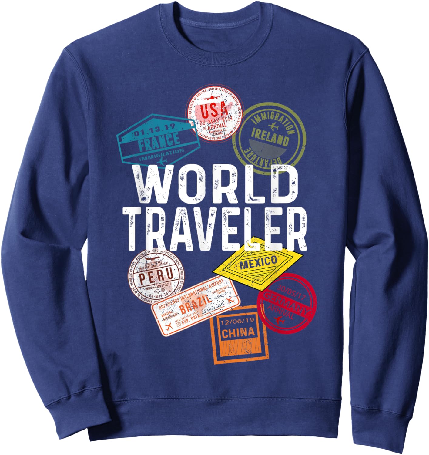 Vintage Distressed World Traveler Passport stamp Sweatshirt - Sweatshirt | Navy
