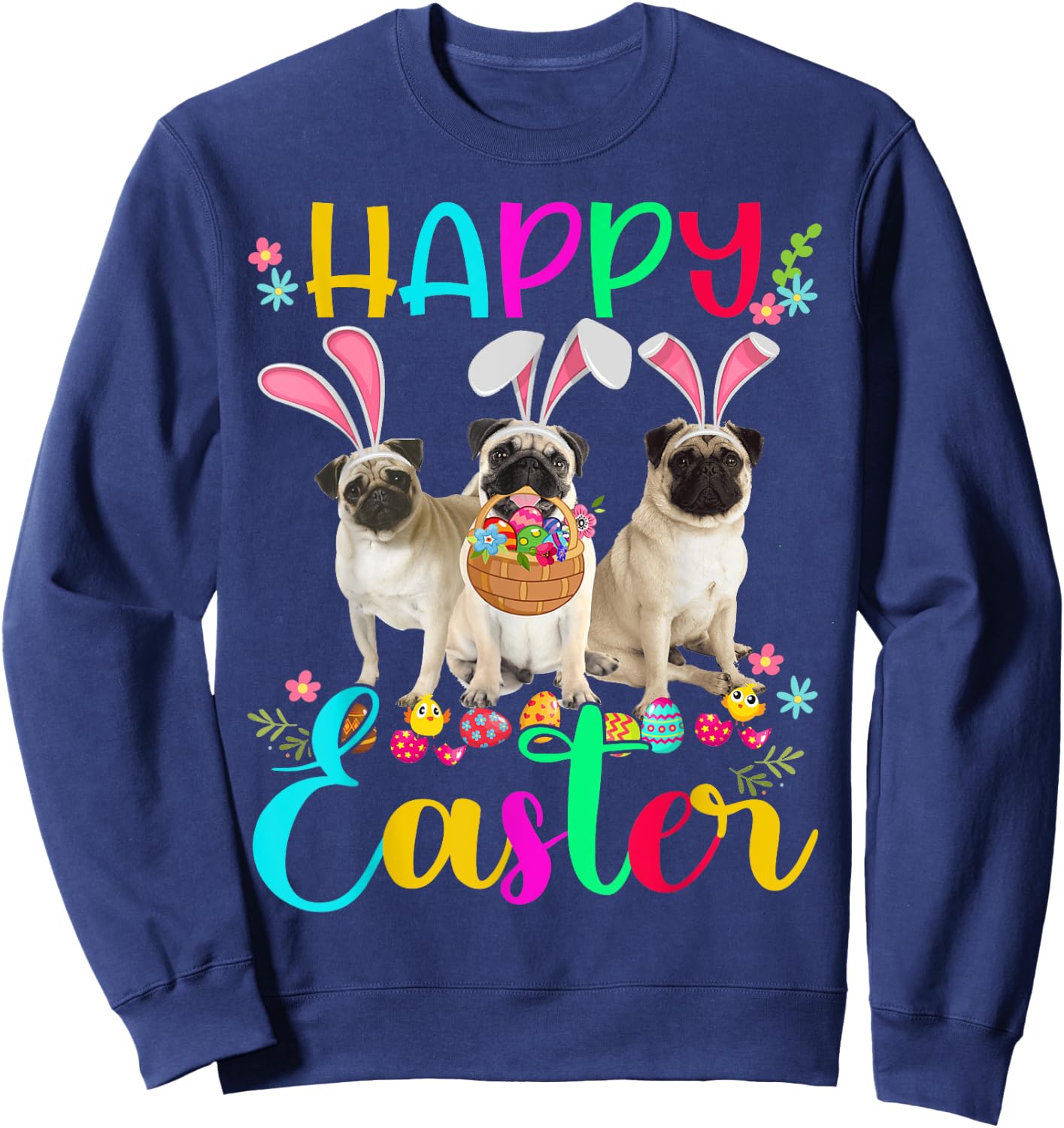 Happy Easter Three Pug Wearing Bunny Ear Pug Lover Sweatshirt - Sweatshirt | Navy