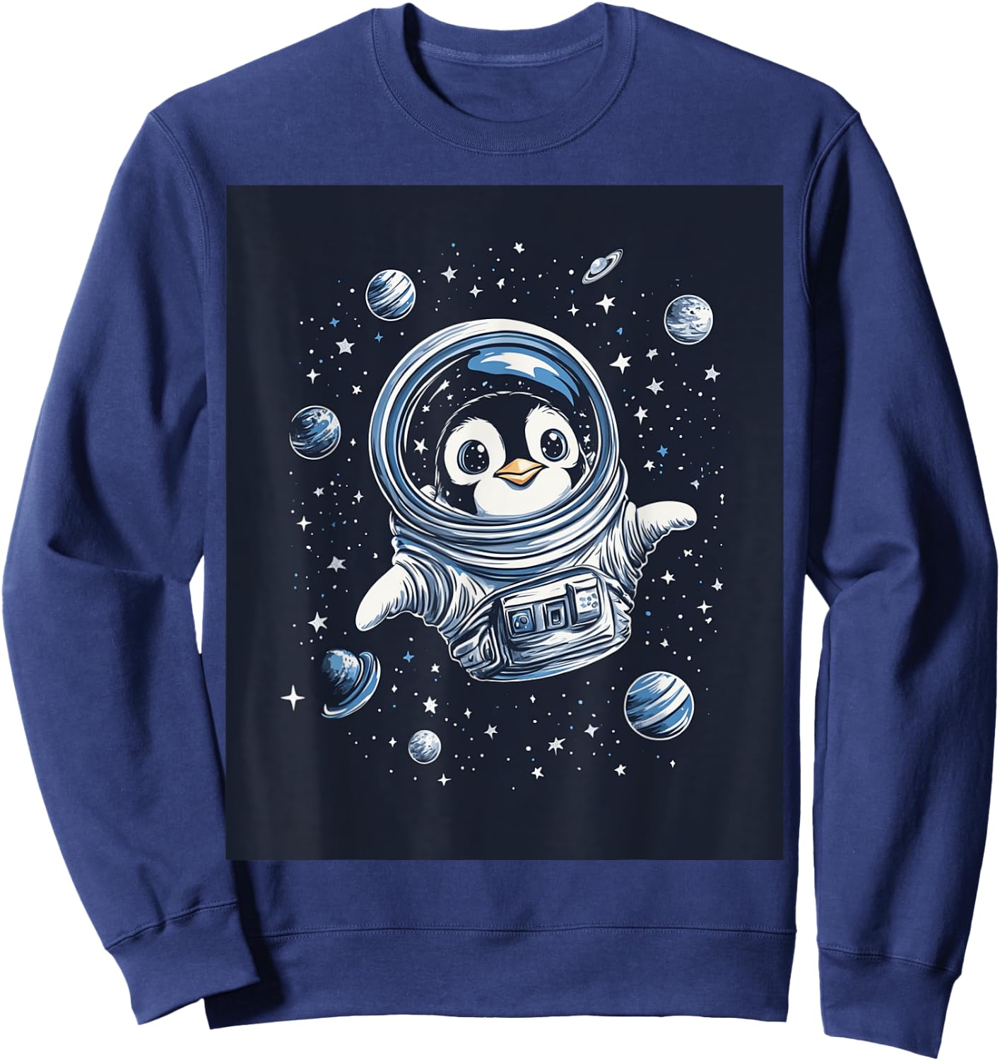 Cute Penguin in Space Floating Among Stars Apparel Sweatshirt - Sweatshirt | Navy