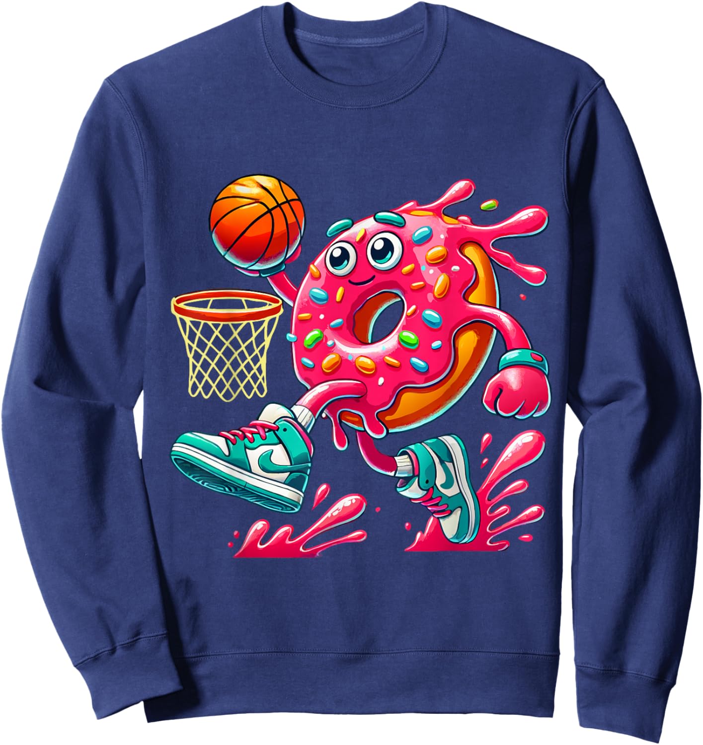 Funny Donut Basketball Food with Fun Cartoon Style Sweatshirt - Sweatshirt | Navy