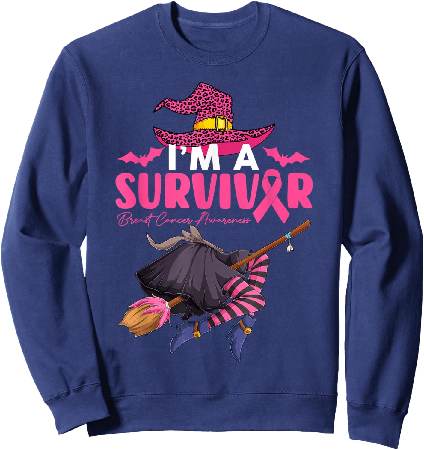I'm Survivor Witch With Broom Breast Cancer Halloween Women Sweatshirt - Sweatshirt | Navy