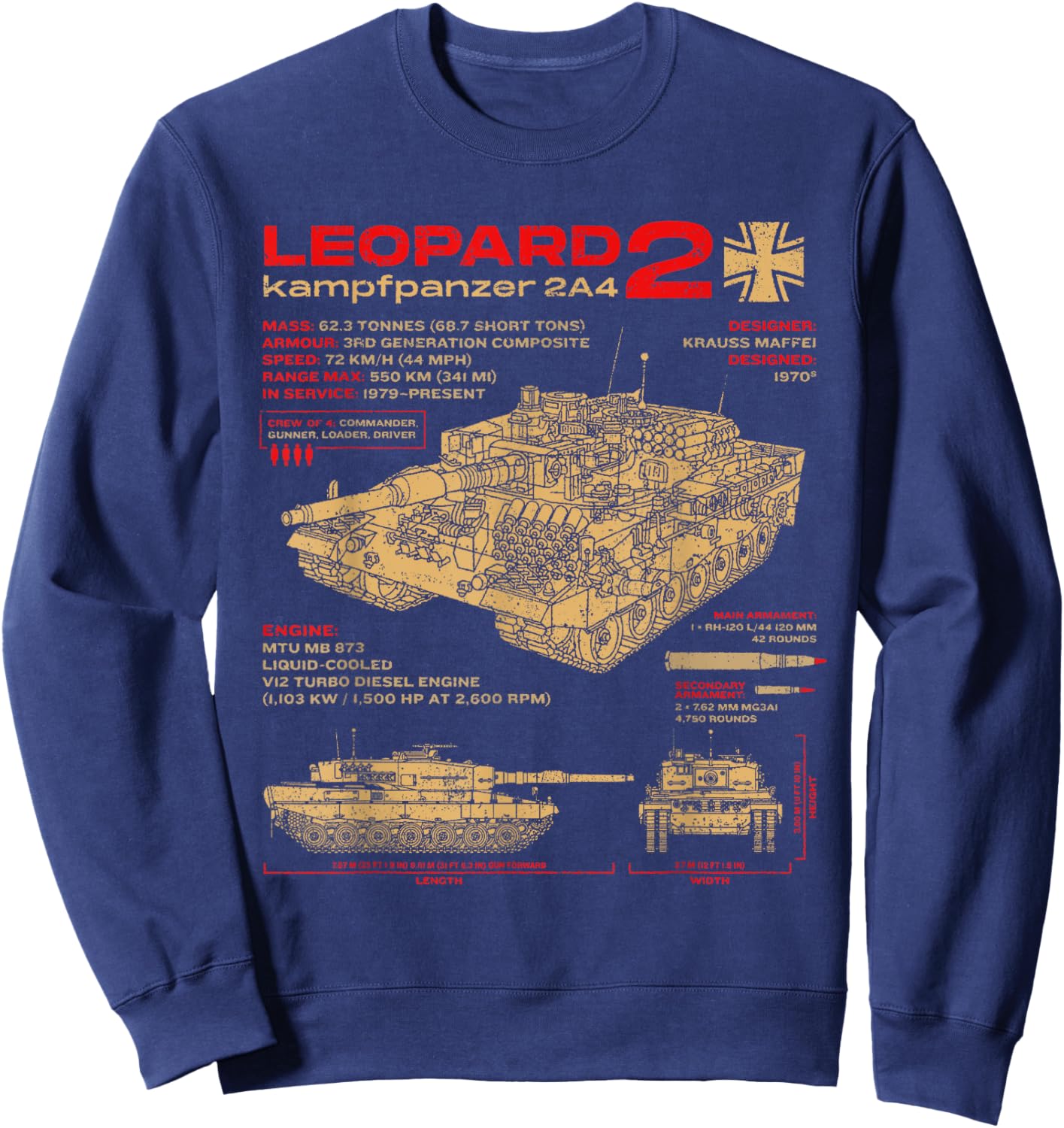 Leopard 2 2A4 Tank Armored Vehicle Blueprint Sweatshirt - Sweatshirt | Navy