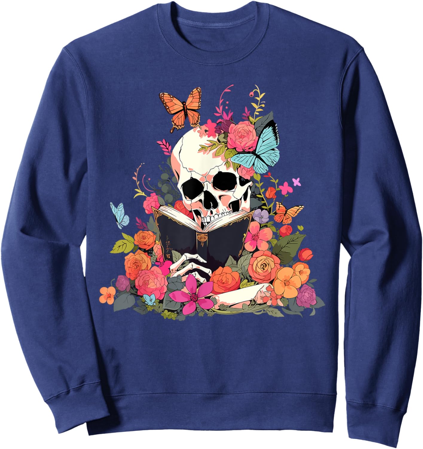 Book Reading Skull Skeleton Flowers Floral Bookish Butterfly Sweatshirt - Sweatshirt | Navy