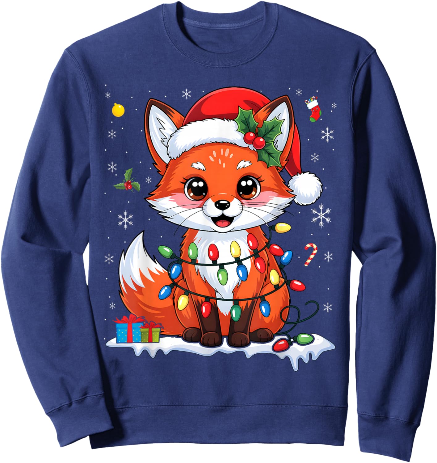 Merry Foxmas Christmas Lights Cute Fox Santa Hat Sweatshirt - Sweatshirt | Navy
