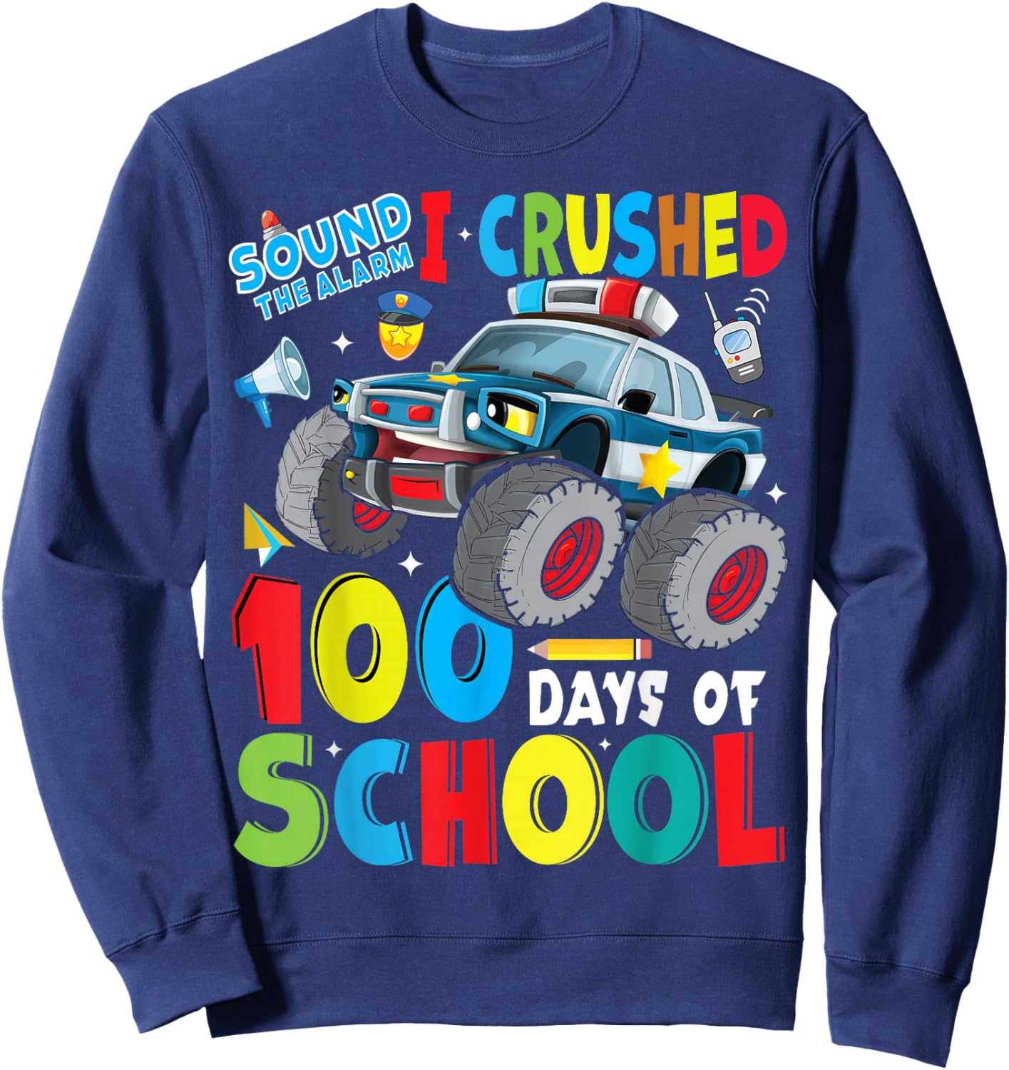 Monster Truck Police Car 100 Days of School Teachers Boys Sweatshirt - Sweatshirt | Navy