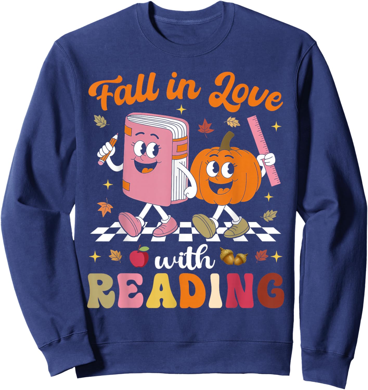 Retro Fall in Love with Learning Pumpkin Autumn Teacher Sweatshirt - Sweatshirt | Navy