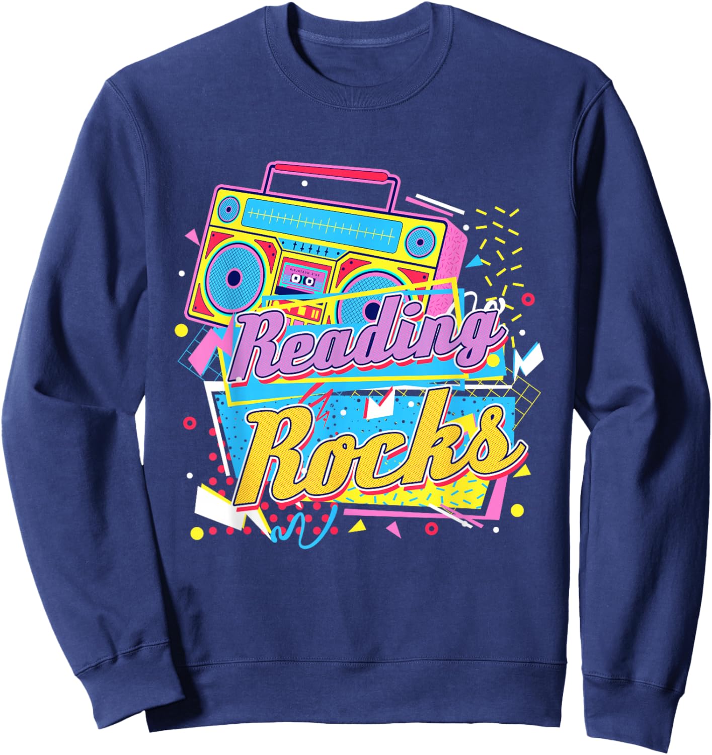 80's Reading Book Lover Reading Rocks - Black, Small, -Adults, Casual, Short Sleeve, , , Book Lover Sweatshirt - Sweatshirt | Navy