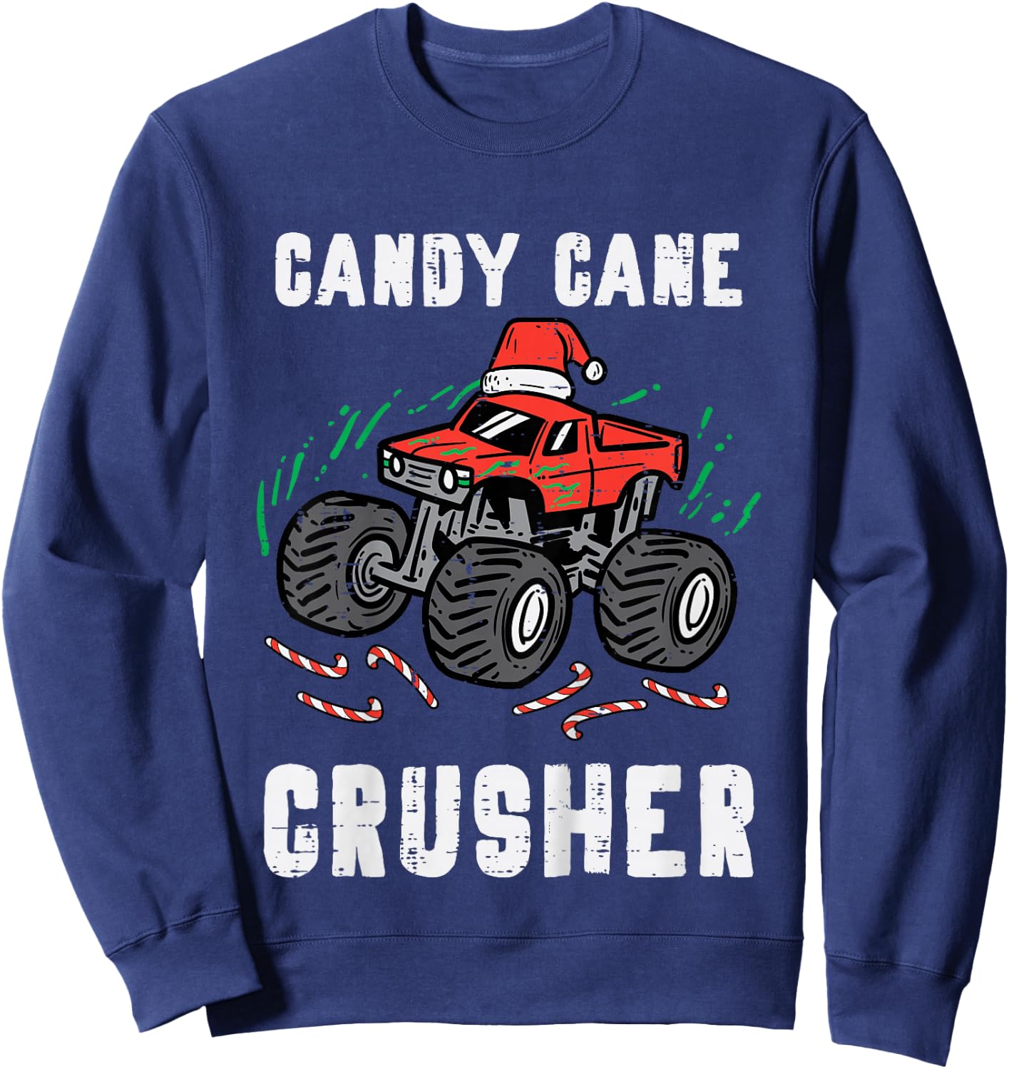 Kids Christmas Monster Truck Candy Cane Crusher Xmas Boys Kids Sweatshirt - Sweatshirt | Navy