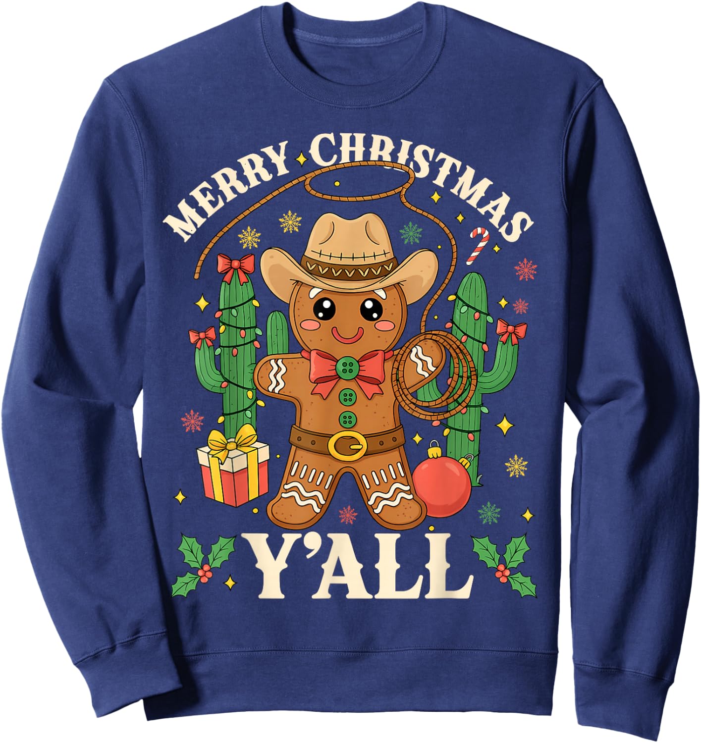 Merry Christmas Yall Gingerbread Cowboy Cowgirl Howdy Xmas Sweatshirt - Sweatshirt | Navy