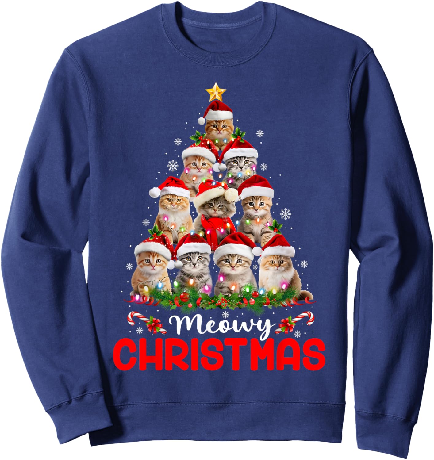 Merry Catmas Cat Christmas Tree Lights Funny Xmas Pajamas Women Kids Sweatshirt - Sweatshirt | Navy
