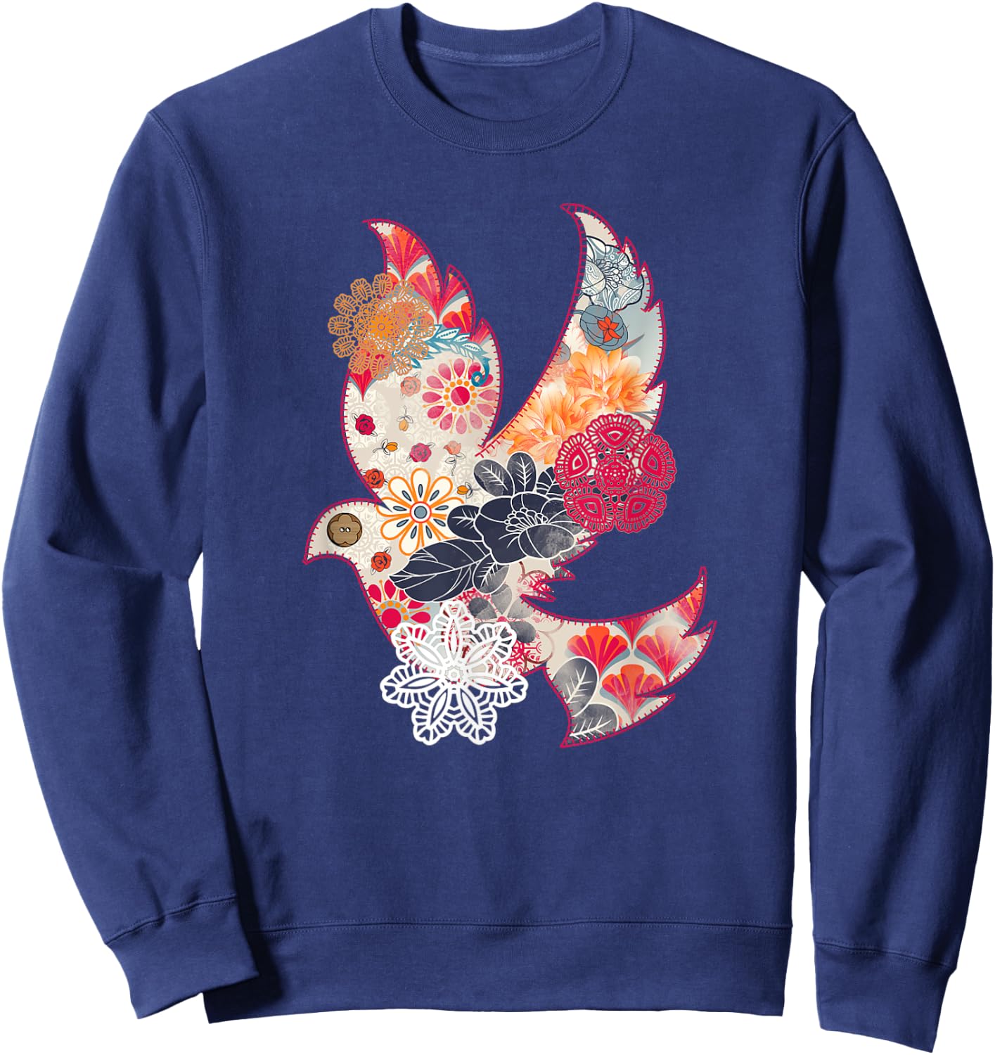 Beautiful Dove Bird Flying Floral Flower Pattern Artwork Sweatshirt - Sweatshirt | Navy