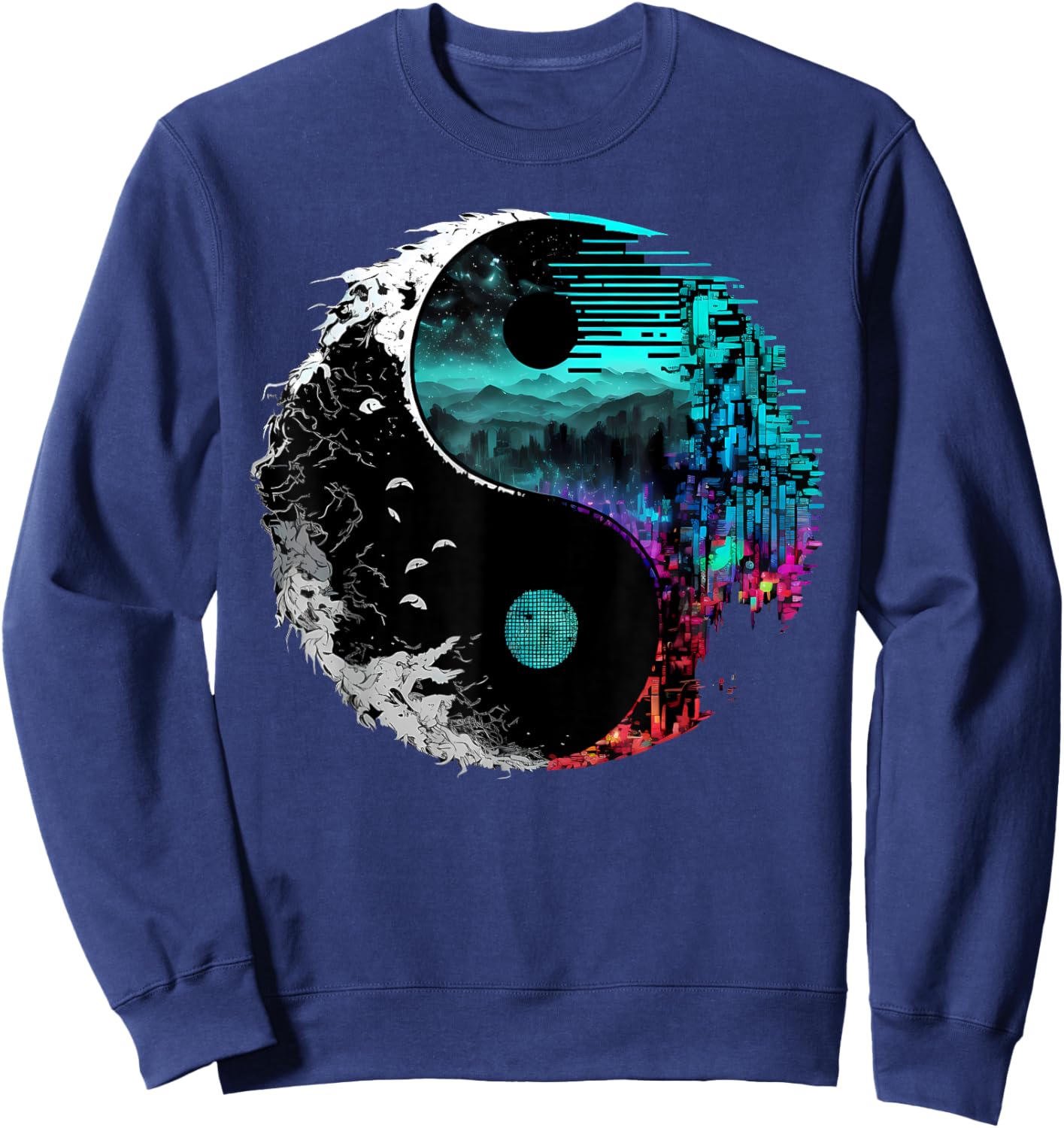 Harmonious Glitch Yin Yang - Black, -Adults, Small Sweatshirt - Sweatshirt | Navy