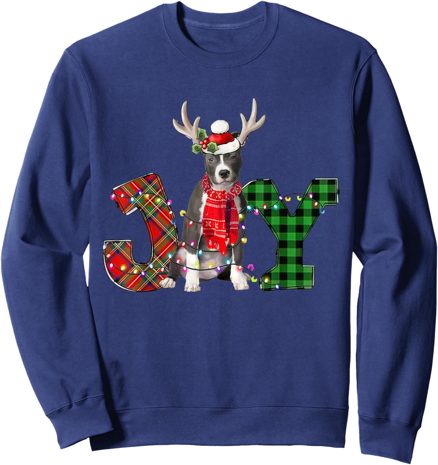 Joy Christmas Lights Blue Nose Pitbull Dog Santa Hat Pajama Men Women Kids Sweatshirt - Sweatshirt | Navy