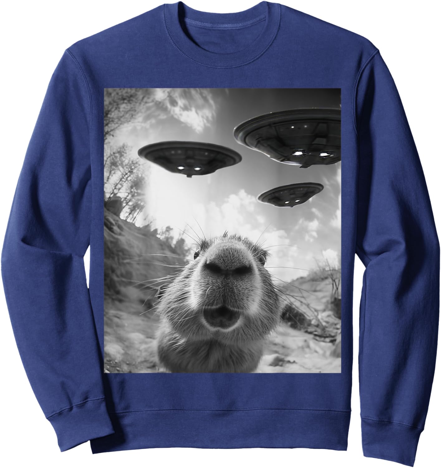 Funny Capybara Selfie with UFOs Weird Alien UFO Sweatshirt - Sweatshirt | Navy