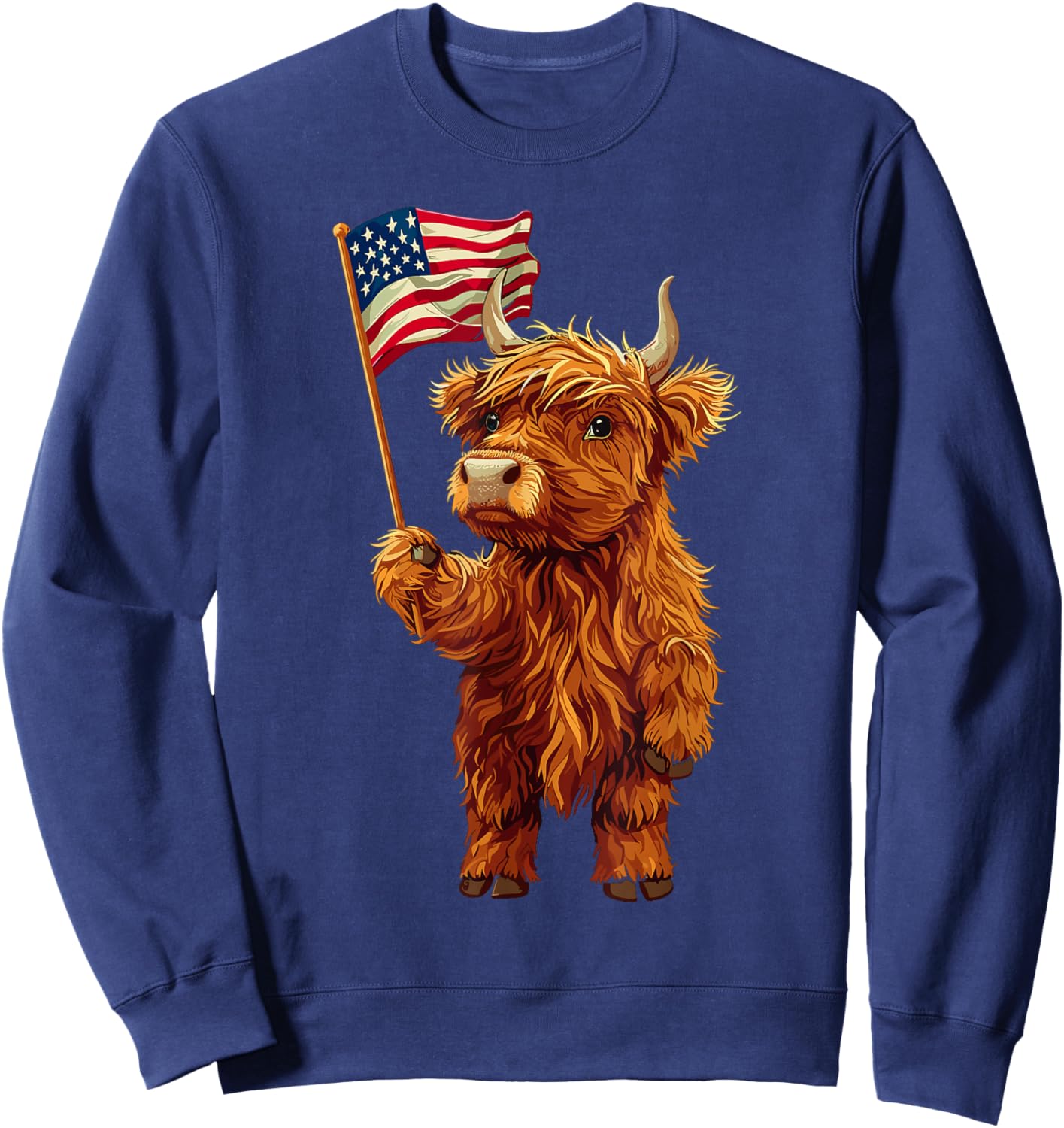 Highland Cow Patriotic Farmer 4th Of July USA American Flag Men Sweatshirt - Sweatshirt | Navy