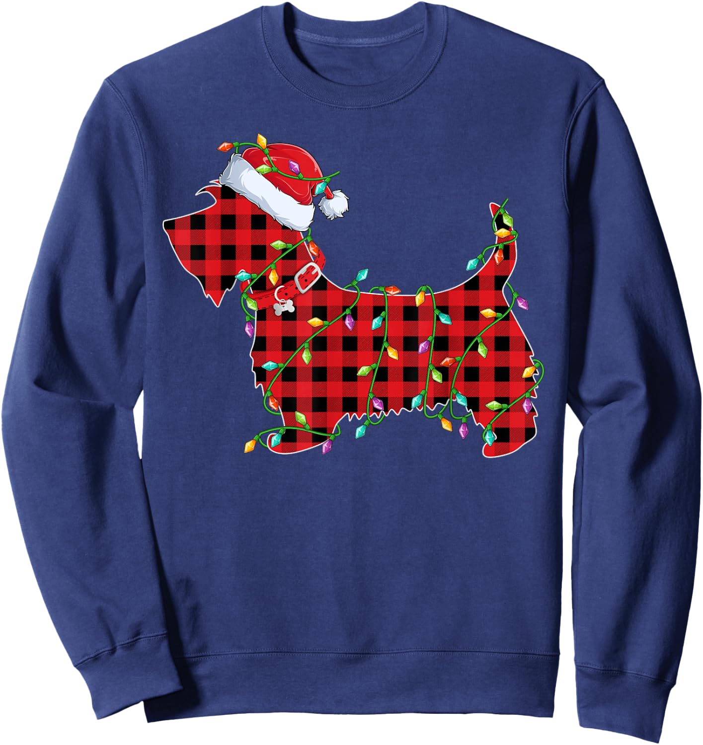Xmas Lighting Matching Buffalo Plaid Scottie Dog Christmas Sweatshirt - Sweatshirt | Navy