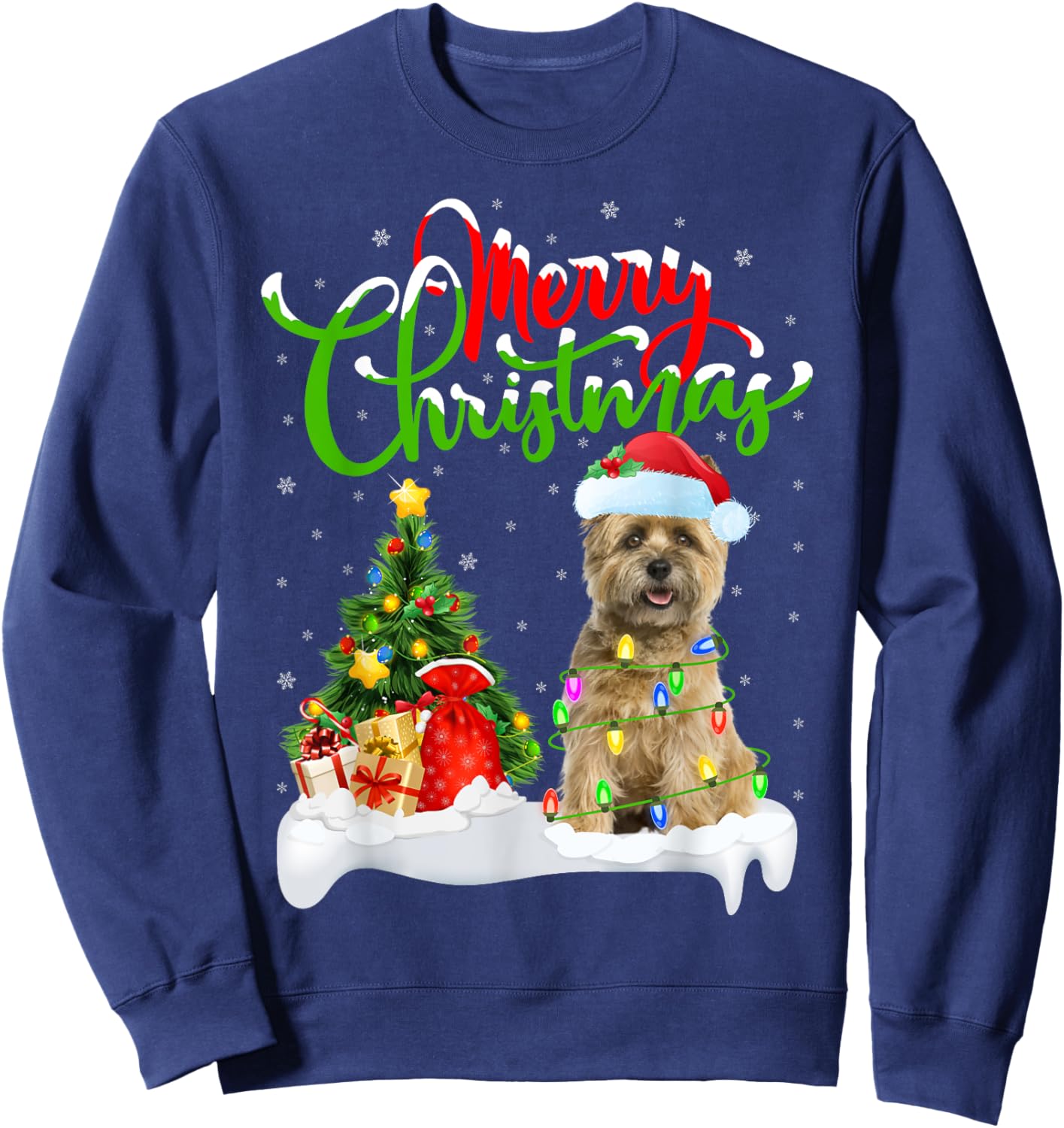 Xmas Tree Lights Santa Hat Cairn Terrier Dog Christmas Women Kids Sweatshirt - Sweatshirt | Navy