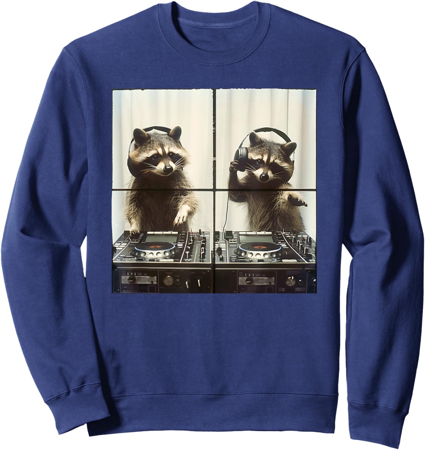 DJ Raccoon Vinyl Turntables 90s EDM Music Raccoon DJ Sweatshirt - Sweatshirt | Navy