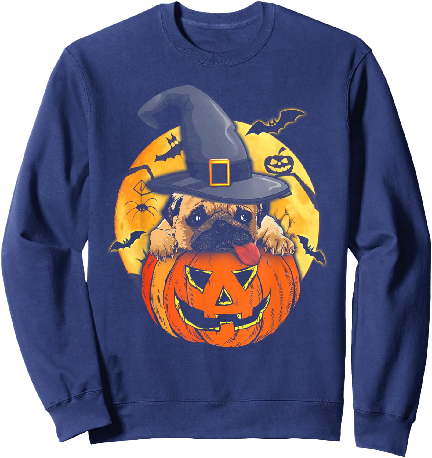 Halloween Pug Dog Witch Hat Pumpkin Pugkin Pug Dog Lovers Sweatshirt - Sweatshirt | Navy