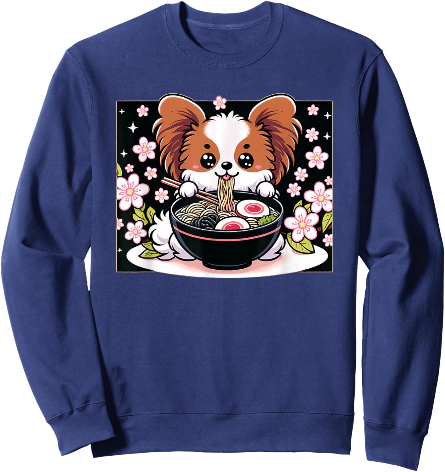 Kawaii Papillon dog Eating Ramen Sweatshirt - Sweatshirt | Navy