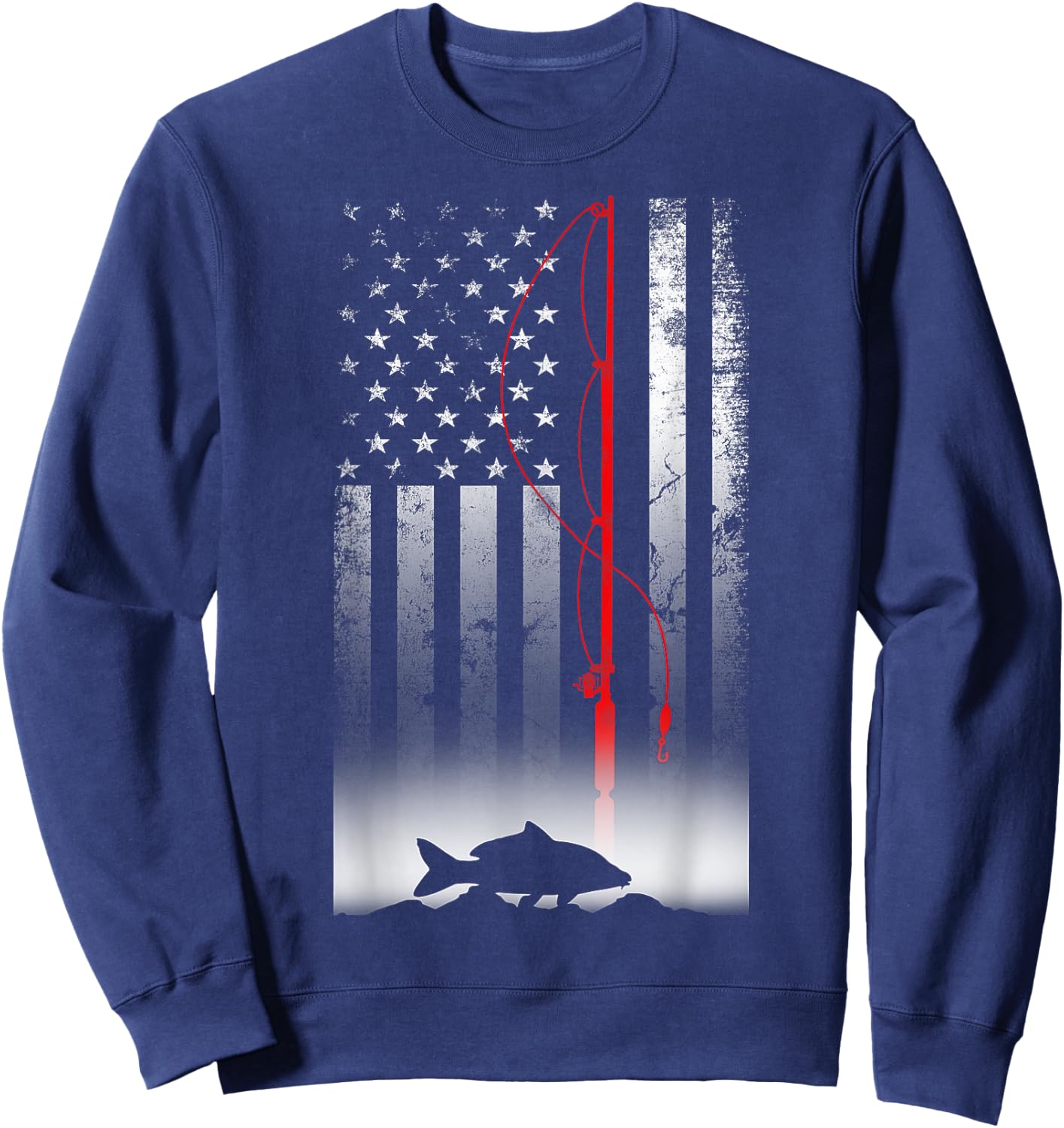 Fishing Pole American Flag Gift Patriotic Fisherman Sweatshirt - Sweatshirt | Navy