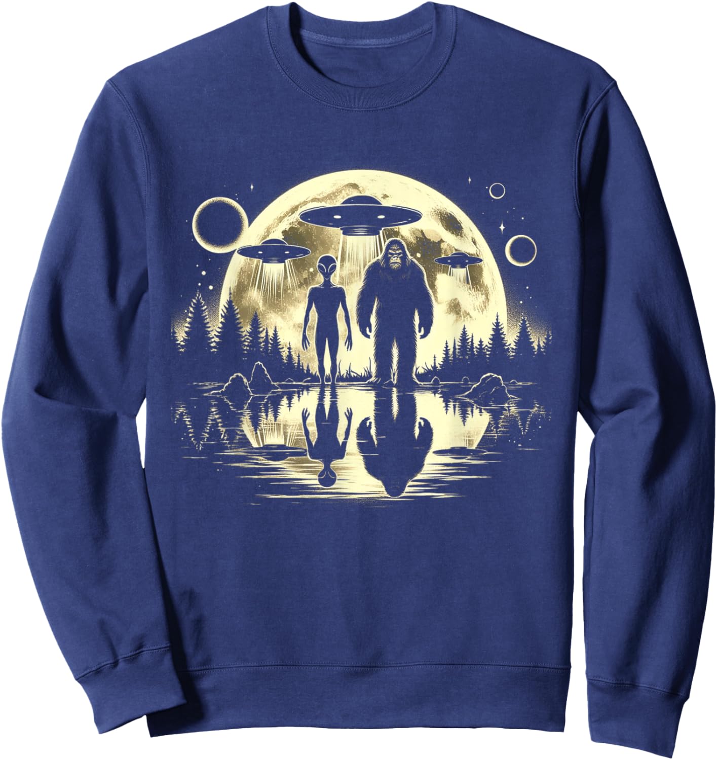Bigfoot and Alien Moon UFO Extraterrestrial Sasquatch Gifts Sweatshirt - Sweatshirt | Navy
