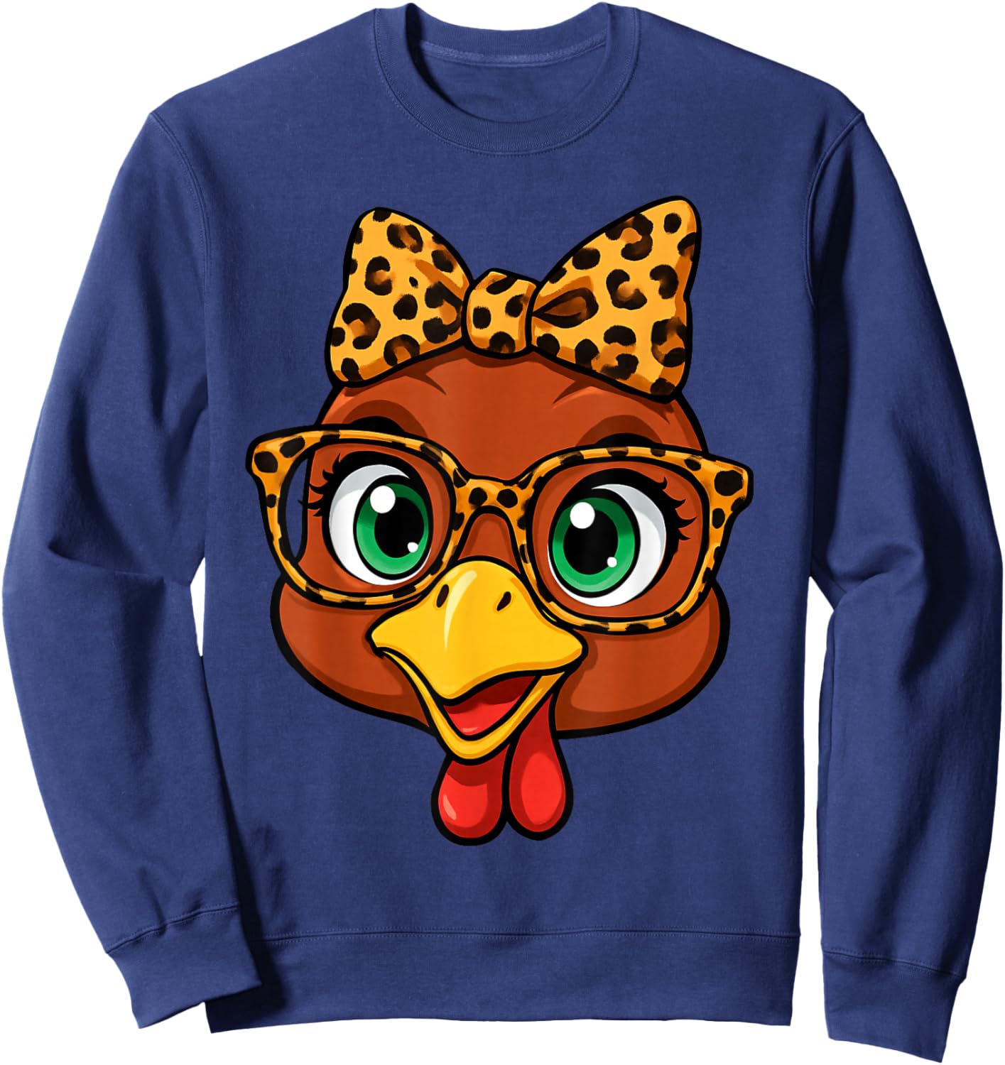 Thanksgiving Turkey Face Leopard with Glasses Bow Women Girl Sweatshirt - Sweatshirt | Navy