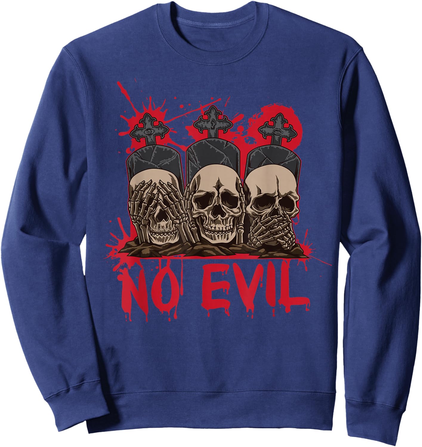 See Speak Hear No Evil Skulls Halloween Bloody Damage Sweatshirt - Sweatshirt | Navy