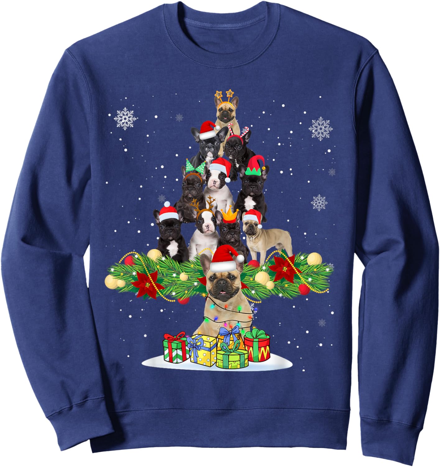 Ugly Sweater Christmas Tree French Bulldog Dog Xmas Lights Men Women Kids Sweatshirt - Sweatshirt | Navy