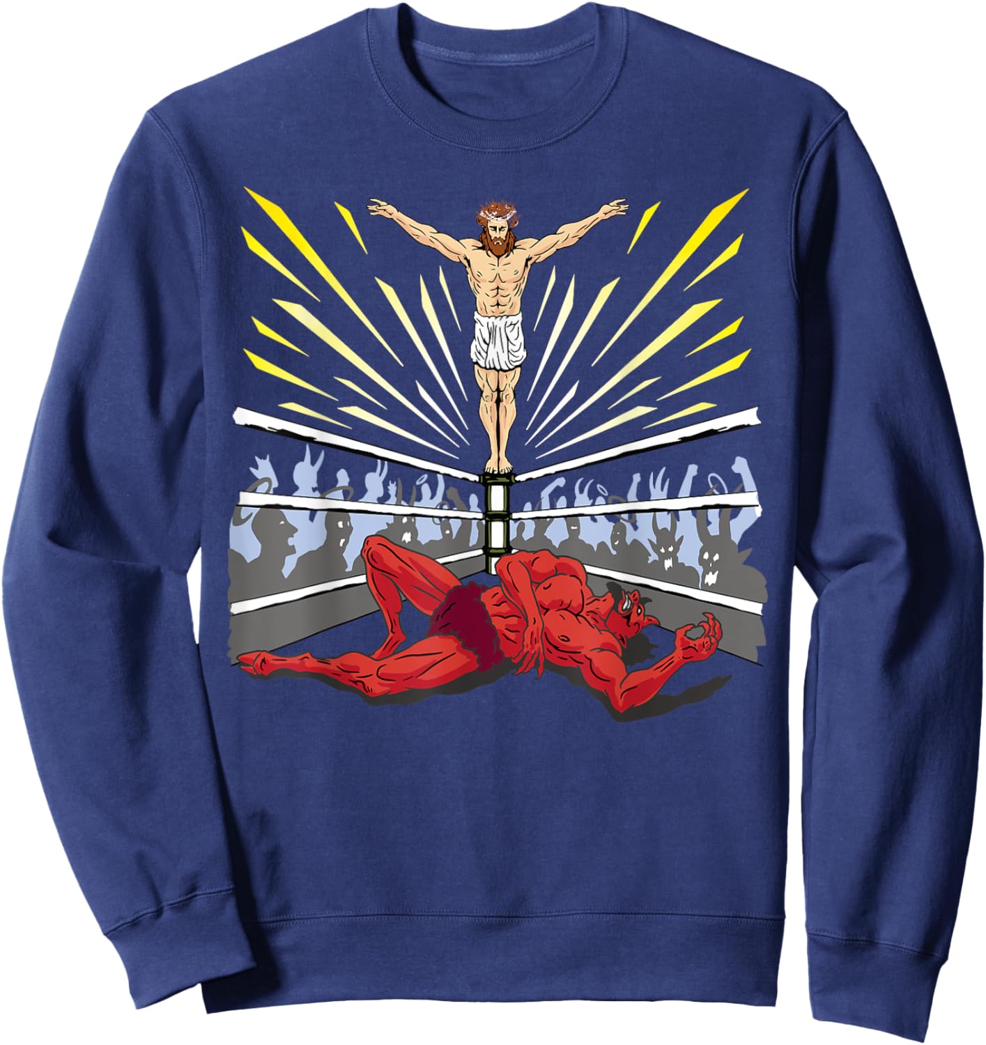 Wrestling Costume Jesus Devil Comic Outfit Christian Graphic Sweatshirt - Sweatshirt | Navy