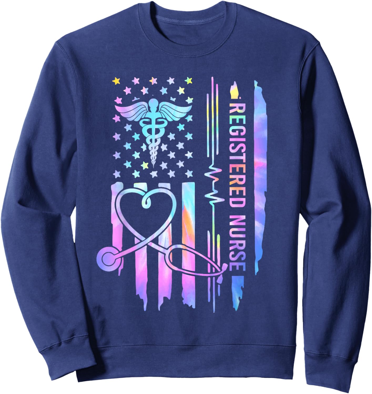 Tie Dye Registered Nurse RN EKG Stethoscope Nursing USA Flag Sweatshirt - Sweatshirt | Navy