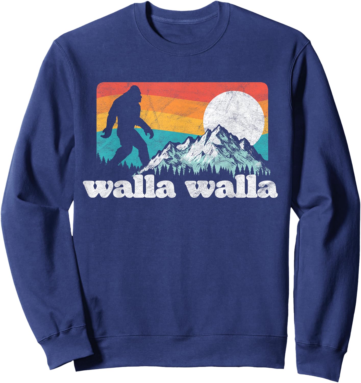 State Of Washington Sasquatch Garage Walla Walla Washington Bigfoot Mountains Retro Distressed Sweatshirt - Sweatshirt | Navy