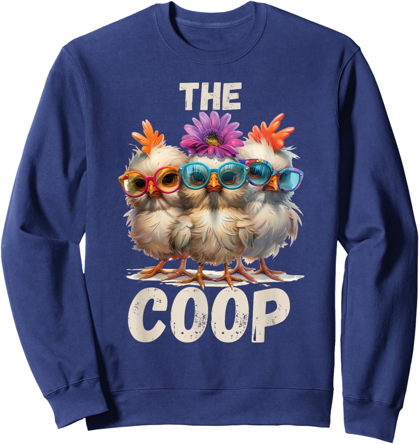 Rustic Charm by Steel Living Ultd. The Coop Chicken Trio - -Adults, Black, Small, Short Sleeve Sweatshirt - Sweatshirt | Navy