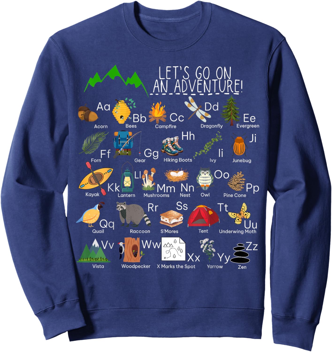 Retro Adventure Camping Alphabet ABCs Hiker Mountains Camp Sweatshirt - Sweatshirt | Navy
