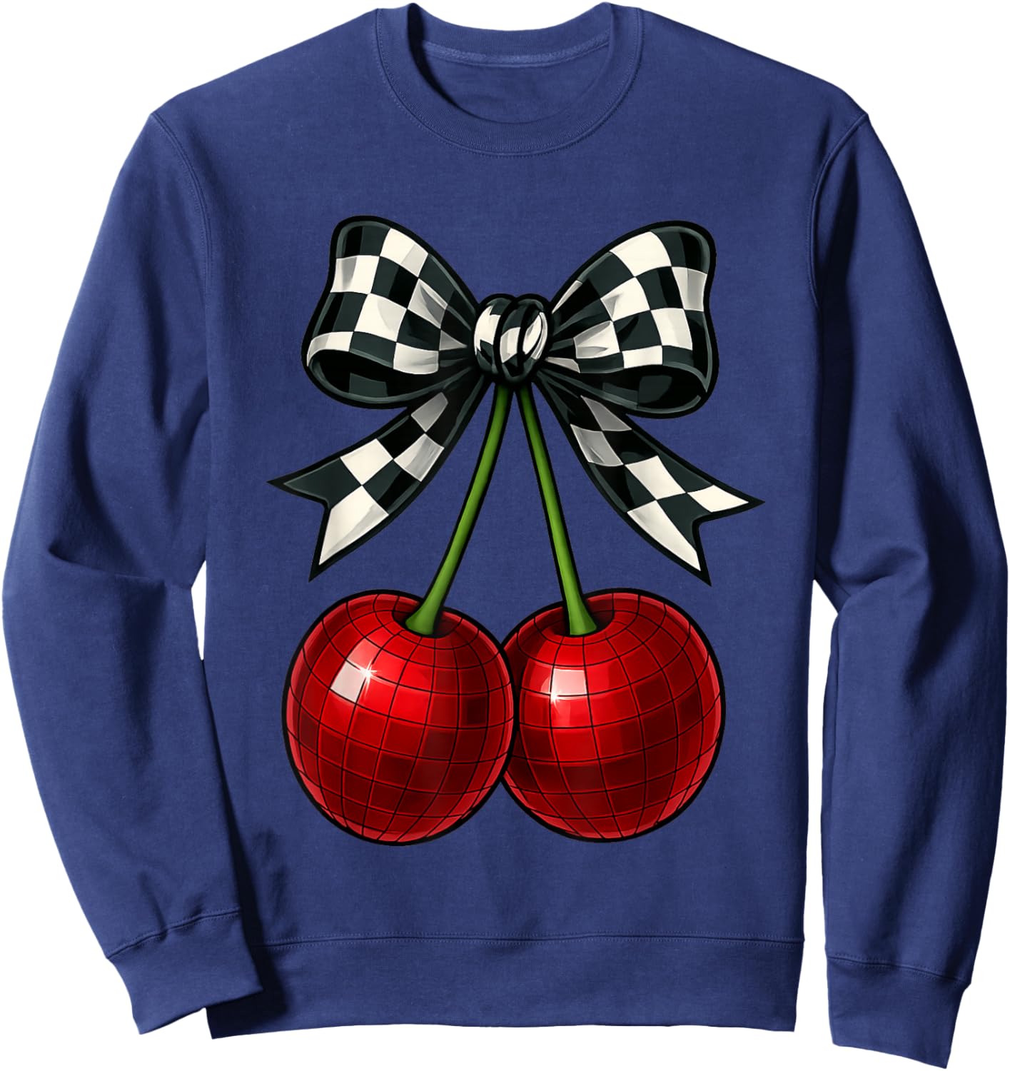 Coquette Cherry Checkered Ribbon Bow Women Girls Sweatshirt - Sweatshirt | Navy