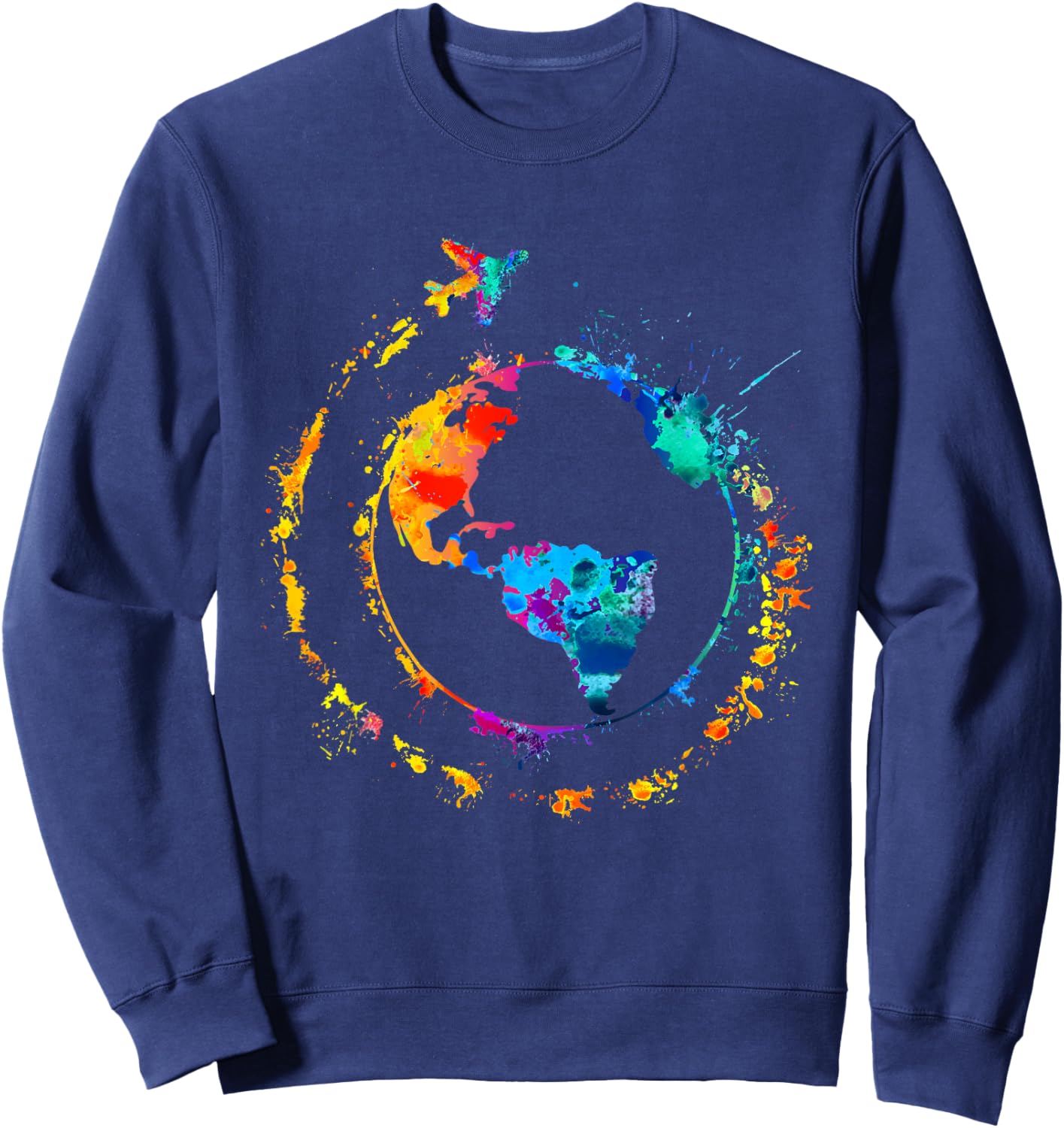 Artistic Earth Watercolor Travel World Traveling Colorful Sweatshirt - Sweatshirt | Navy