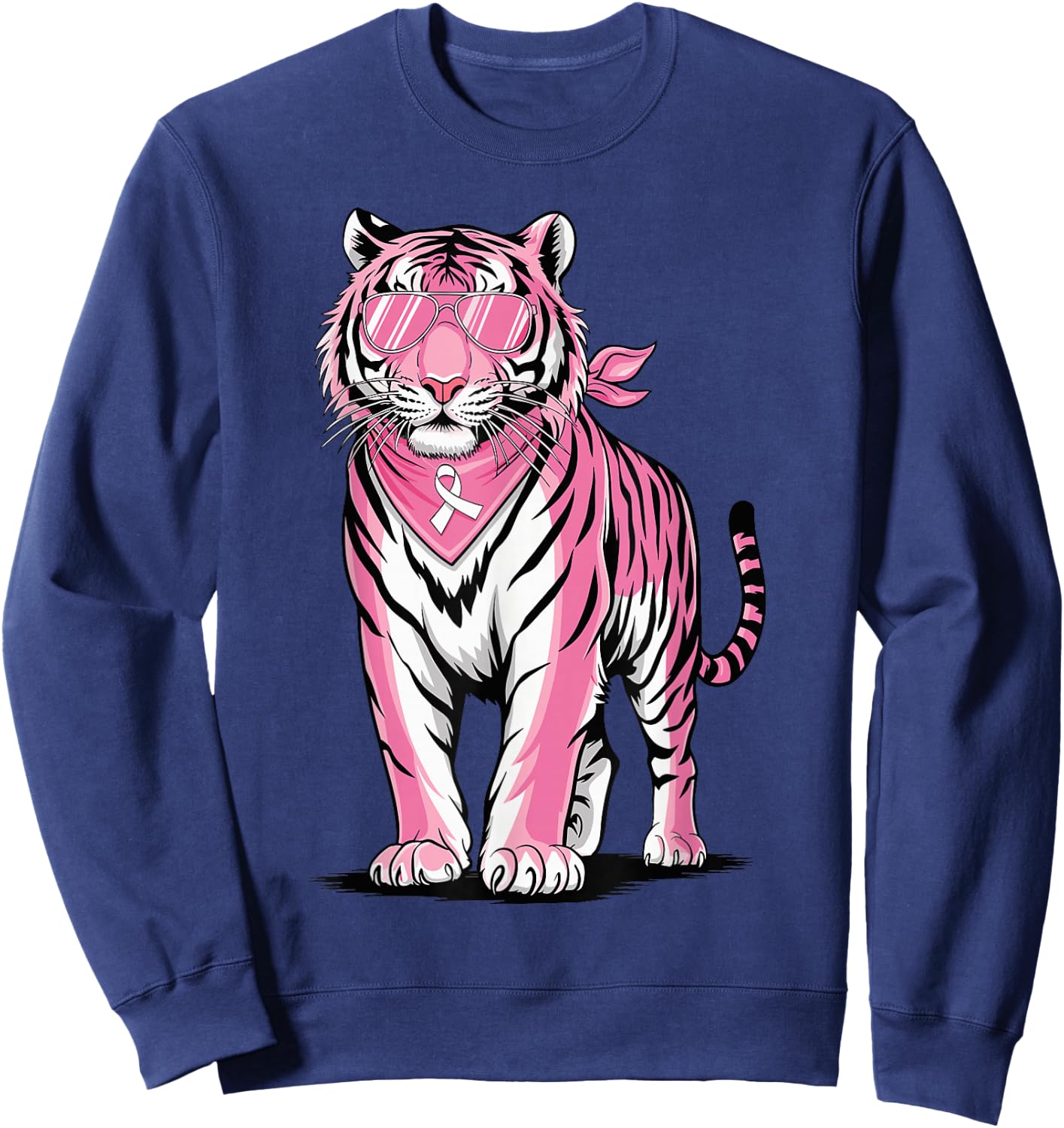 Pink Tiger with Sunglasses Bandana Breast Cancer Awareness Sweatshirt - Sweatshirt | Navy