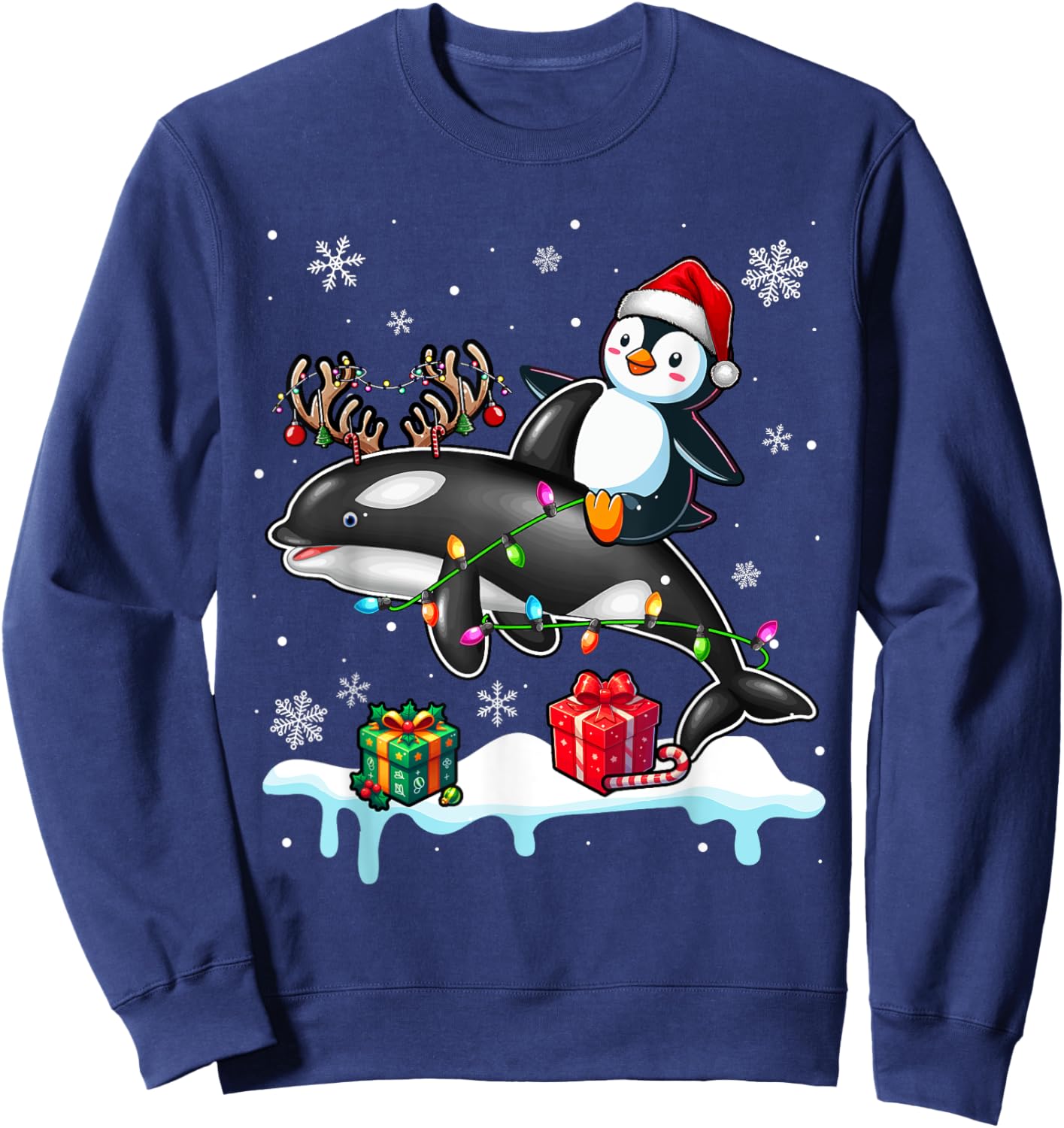 Christmas Santa Penguin Riding Reindeer Orca Lover Kids Sweatshirt - Sweatshirt | Navy