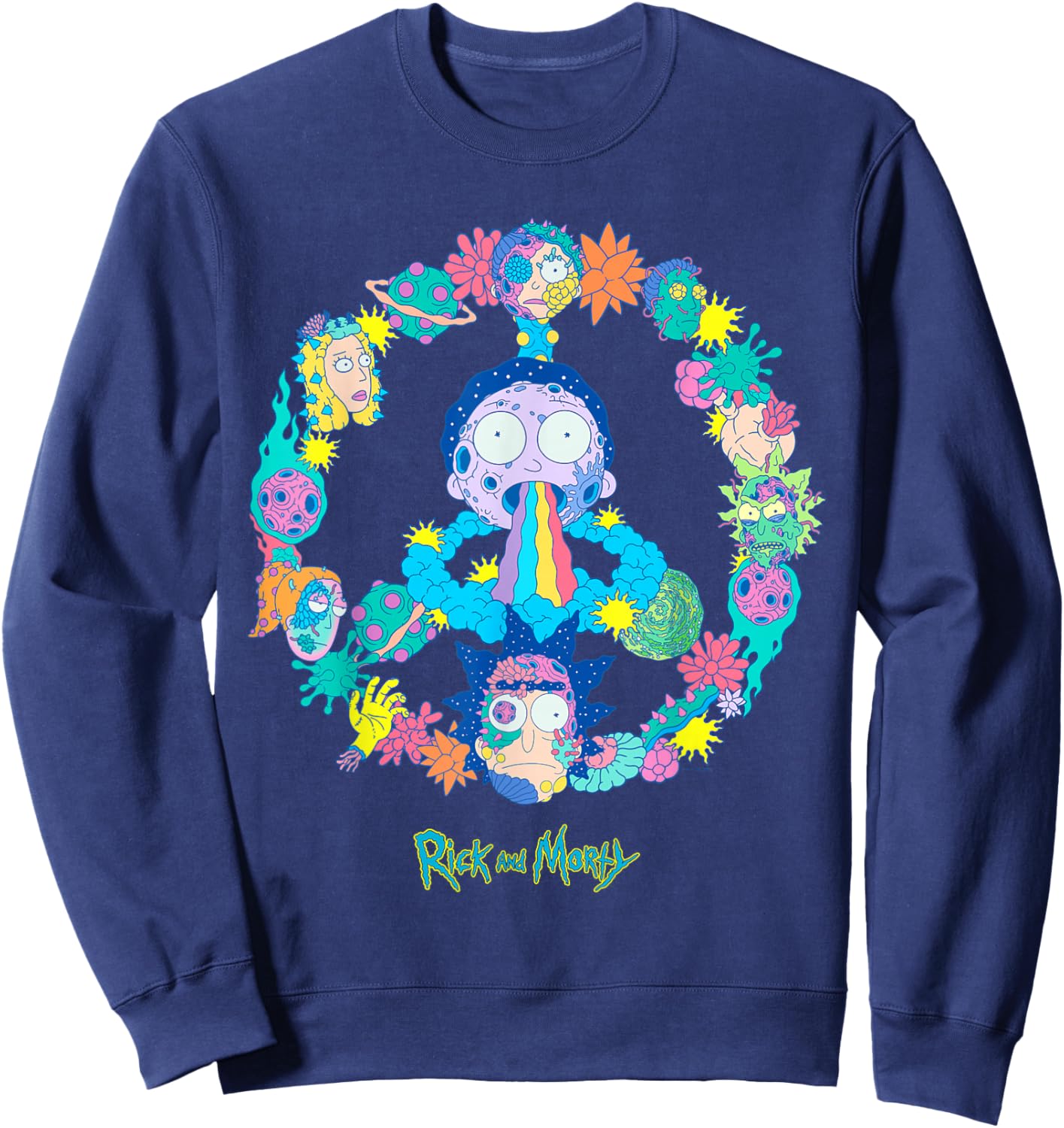 Rick and Morty Peace Sign Vivid Alien Adult Cartoon Fashion Sweatshirt - Sweatshirt | Navy
