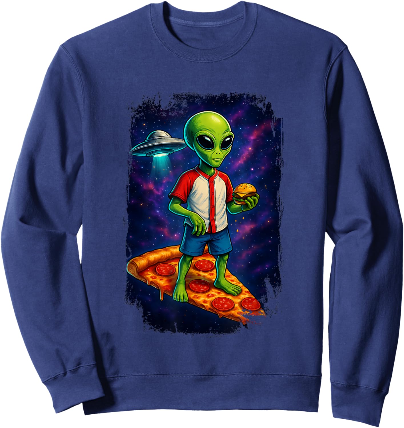 Alien UFO Pizza Galaxy Funny Hamburger Sweatshirt - Sweatshirt | Navy