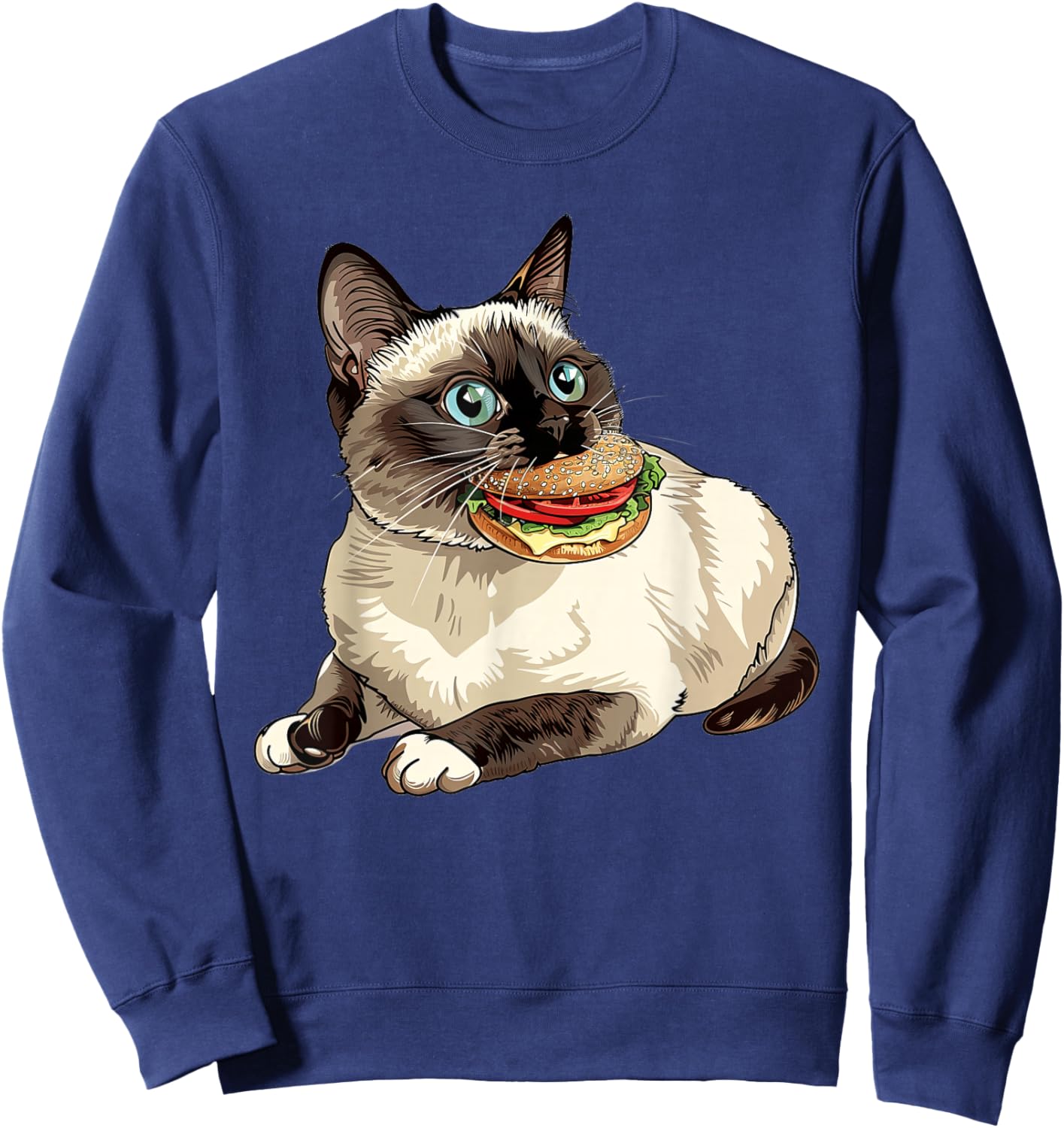 Snowshoe Cat Eating A Hamburger Sweatshirt - Sweatshirt | Navy