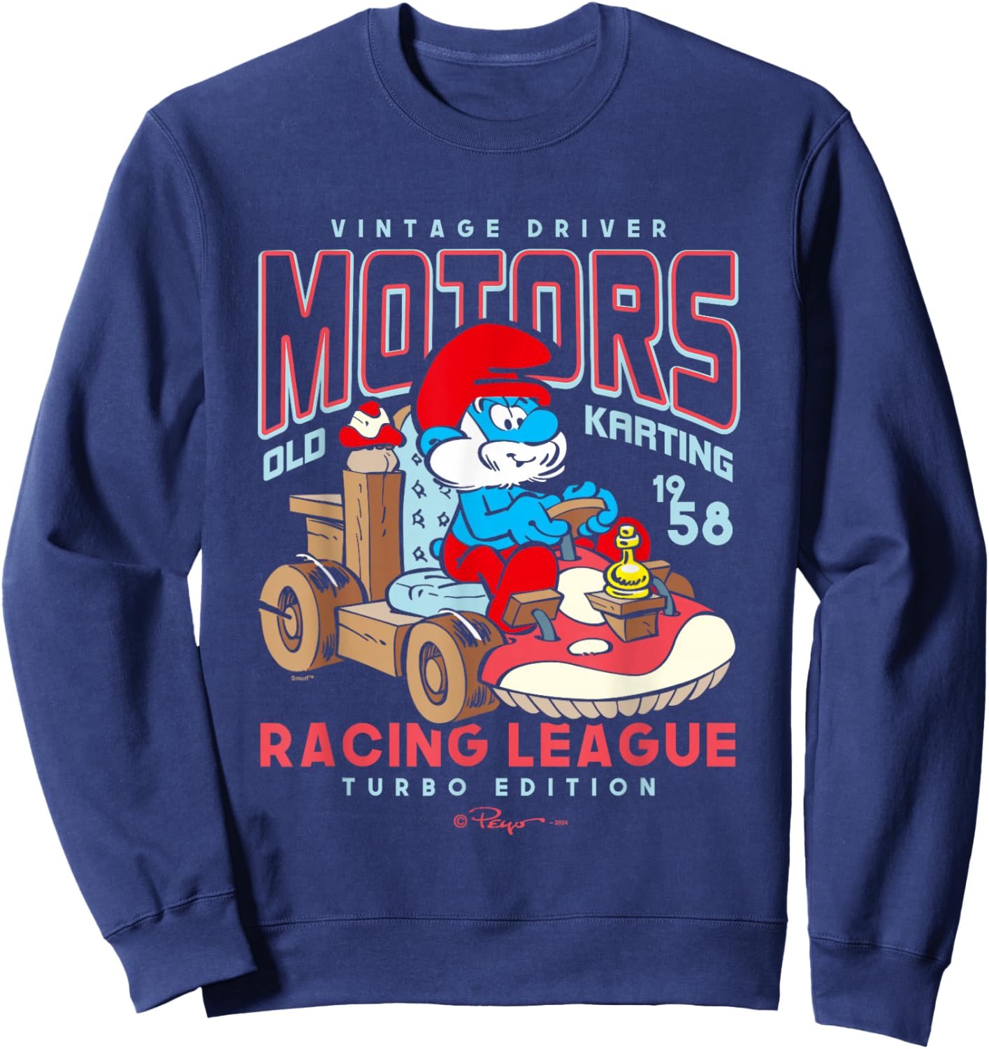 The Smurfs Vintage Driver Motors Old Karting Papa Smurf Logo Sweatshirt - Sweatshirt | Navy