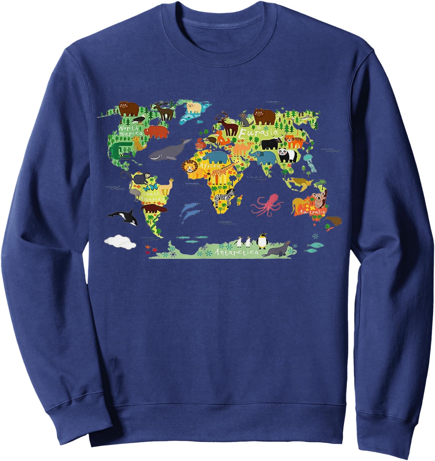 Funny World Animals map Shirt for Kids,Boys and Girls Sweatshirt - Sweatshirt | Navy