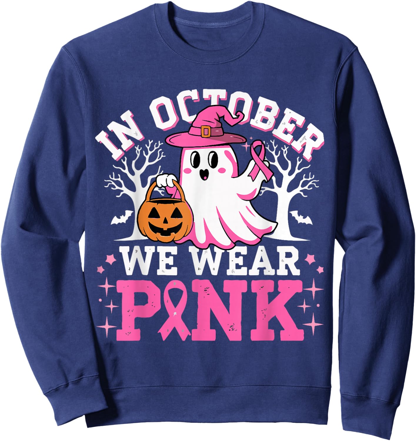 In October We Wear Pink Witch Ghost Halloween Breast Cancer Sweatshirt - Sweatshirt | Navy